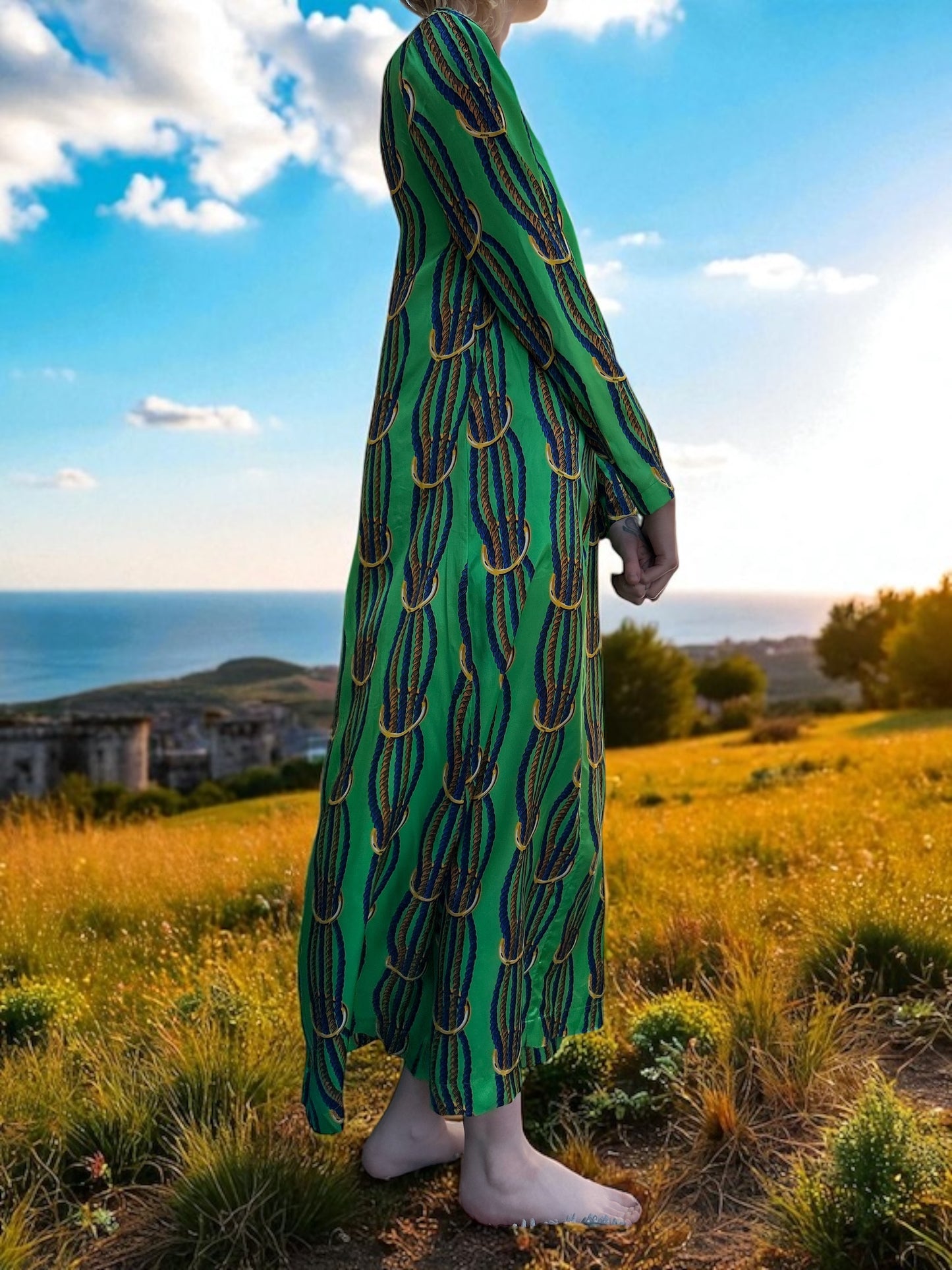 NEW WITH TAGS. JUCCA-MELINDA HAND MADE IN ITALY DRESS/SMOCK UK SIZE. SMALL, 6-8. EU34. V.NECK TWISTED NAVY & GOLD ROPE DESIGN ON LEAF GREEN SATIN MATERIAL.