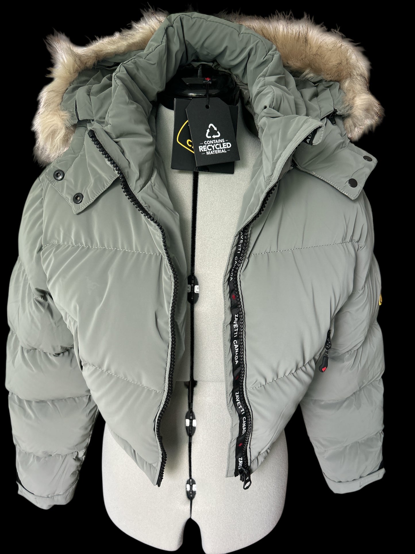 NEW & TAGGED ZAVETTI CANADA CROPPED PUFFER JACKET. UK XL. BELLUCCI 2.0 IN SAGE. WAS: £280.