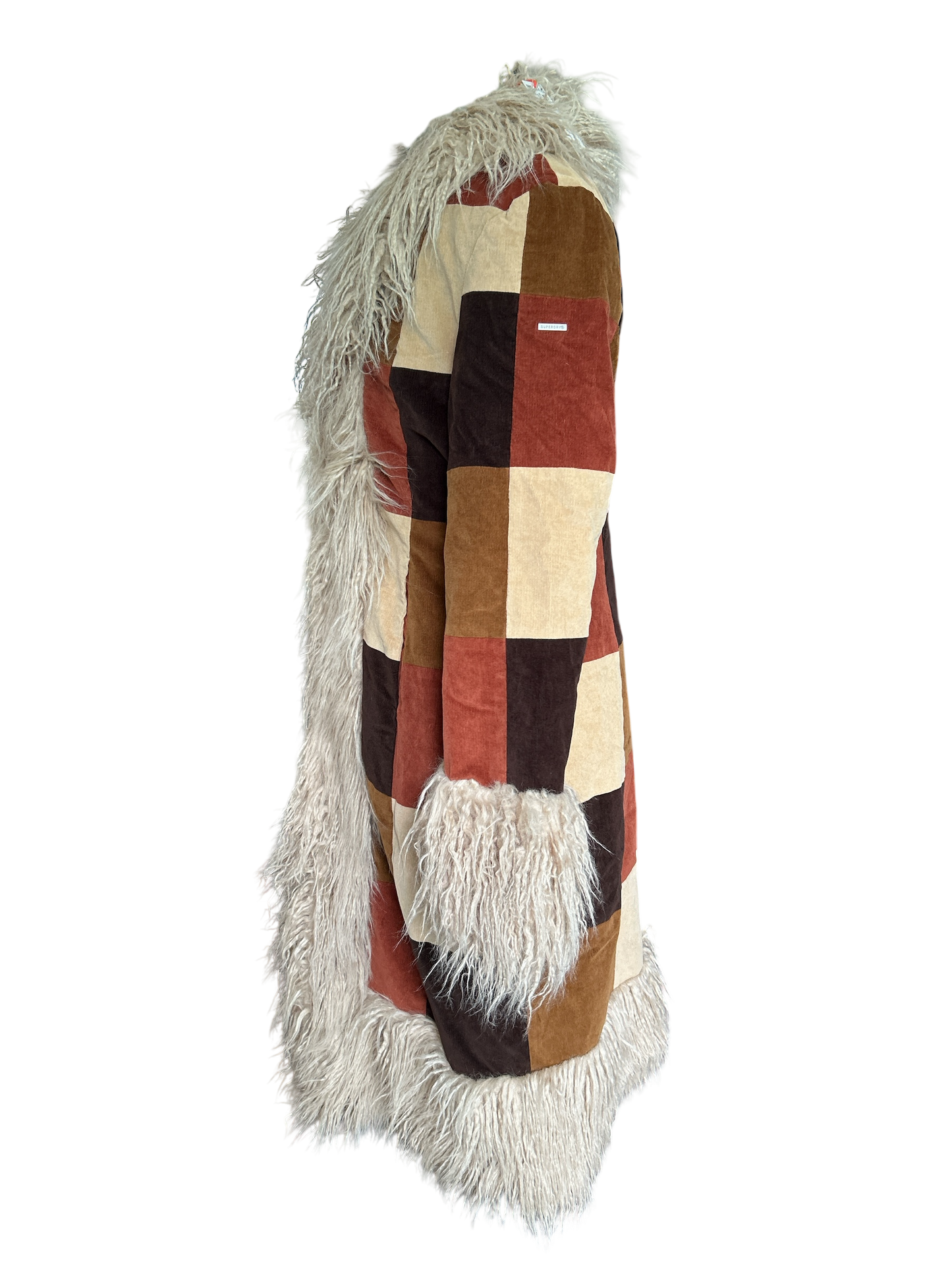 NEW WITH TAGS. SUPERDRY AFGHAN BROWN PATCHWORK CORDUROY COAT, UK SIZE, LARGE-14. US 10. EU 42.