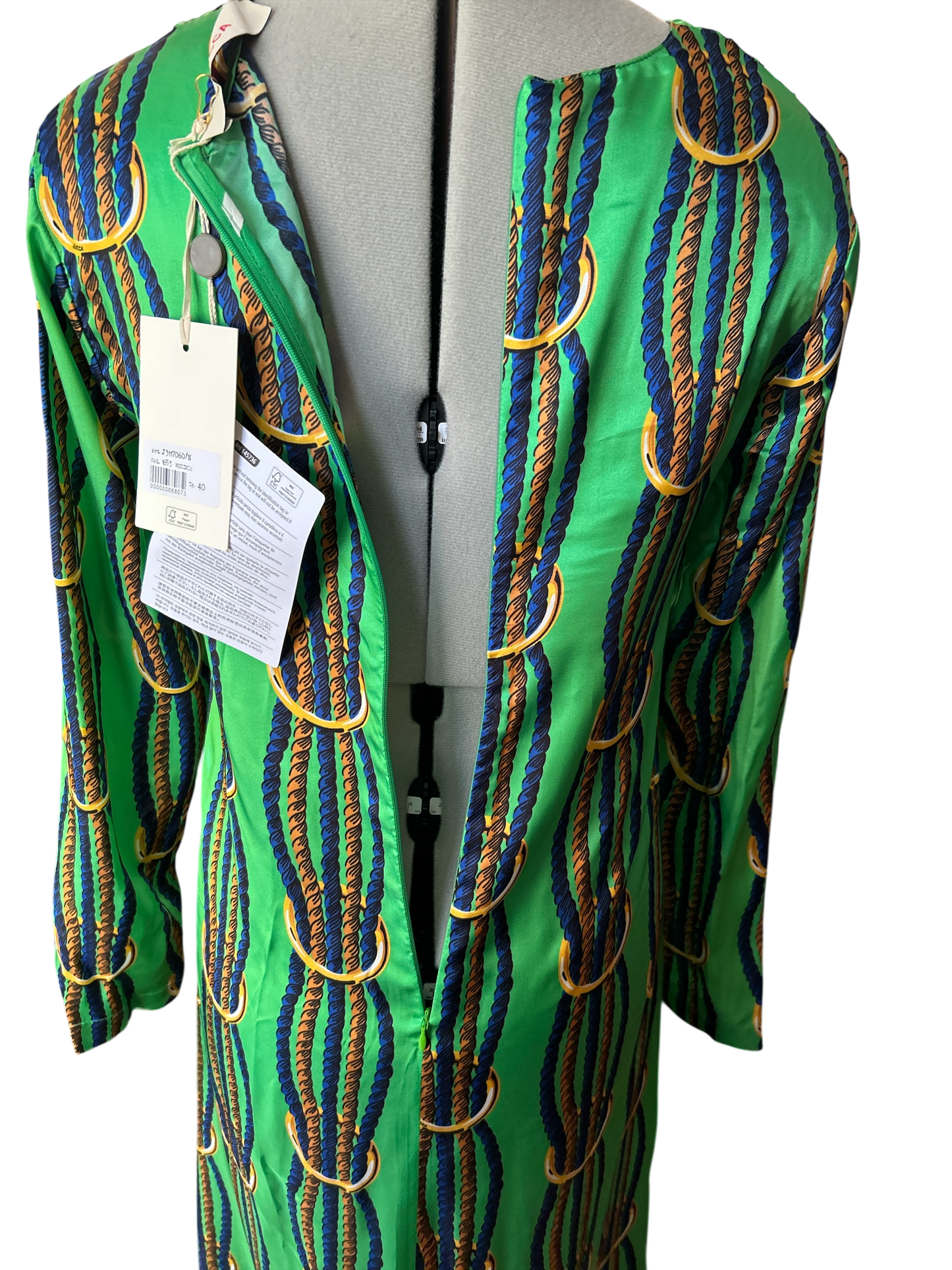 NEW WITH TAGS. JUCCA-MELINDA HAND MADE IN ITALY DRESS/SMOCK UK SIZE. SMALL, 6-8. EU34. V.NECK TWISTED NAVY & GOLD ROPE DESIGN ON LEAF GREEN SATIN MATERIAL.