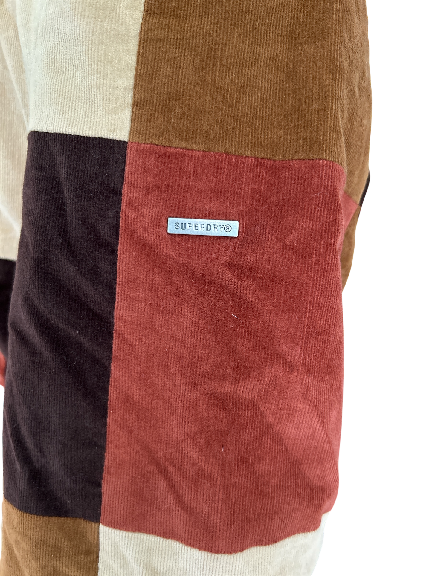 NEW WITH TAGS. SUPERDRY AFGHAN BROWN PATCHWORK CORDUROY COAT, UK SIZE, LARGE-14. US 10. EU 42.