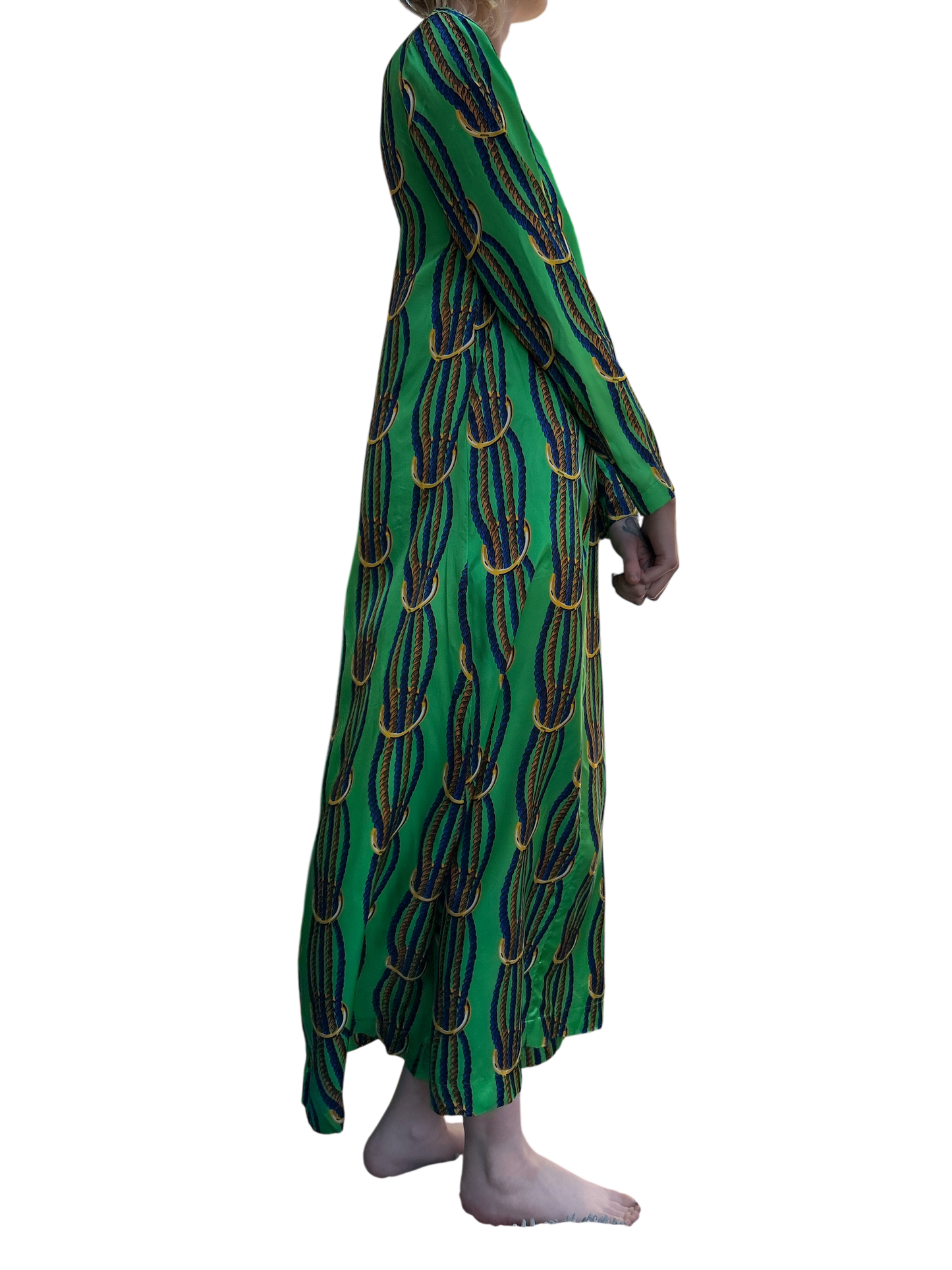 NEW WITH TAGS. JUCCA-MELINDA HAND MADE IN ITALY DRESS/SMOCK UK SIZE. SMALL, 6-8. EU34. V.NECK TWISTED NAVY & GOLD ROPE DESIGN ON LEAF GREEN SATIN MATERIAL.