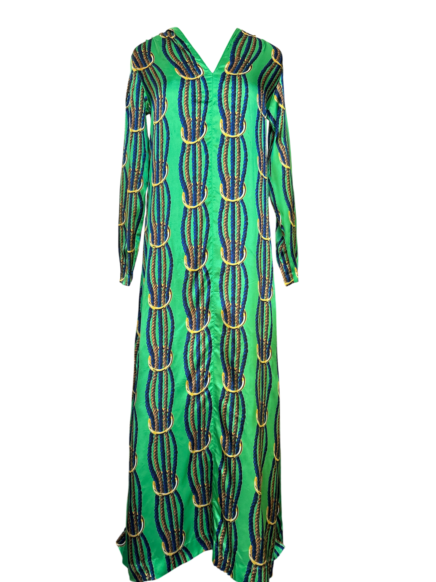 NEW WITH TAGS. JUCCA-MELINDA HAND MADE IN ITALY DRESS/SMOCK UK SIZE. SMALL, 6-8. EU34. V.NECK TWISTED NAVY & GOLD ROPE DESIGN ON LEAF GREEN SATIN MATERIAL.