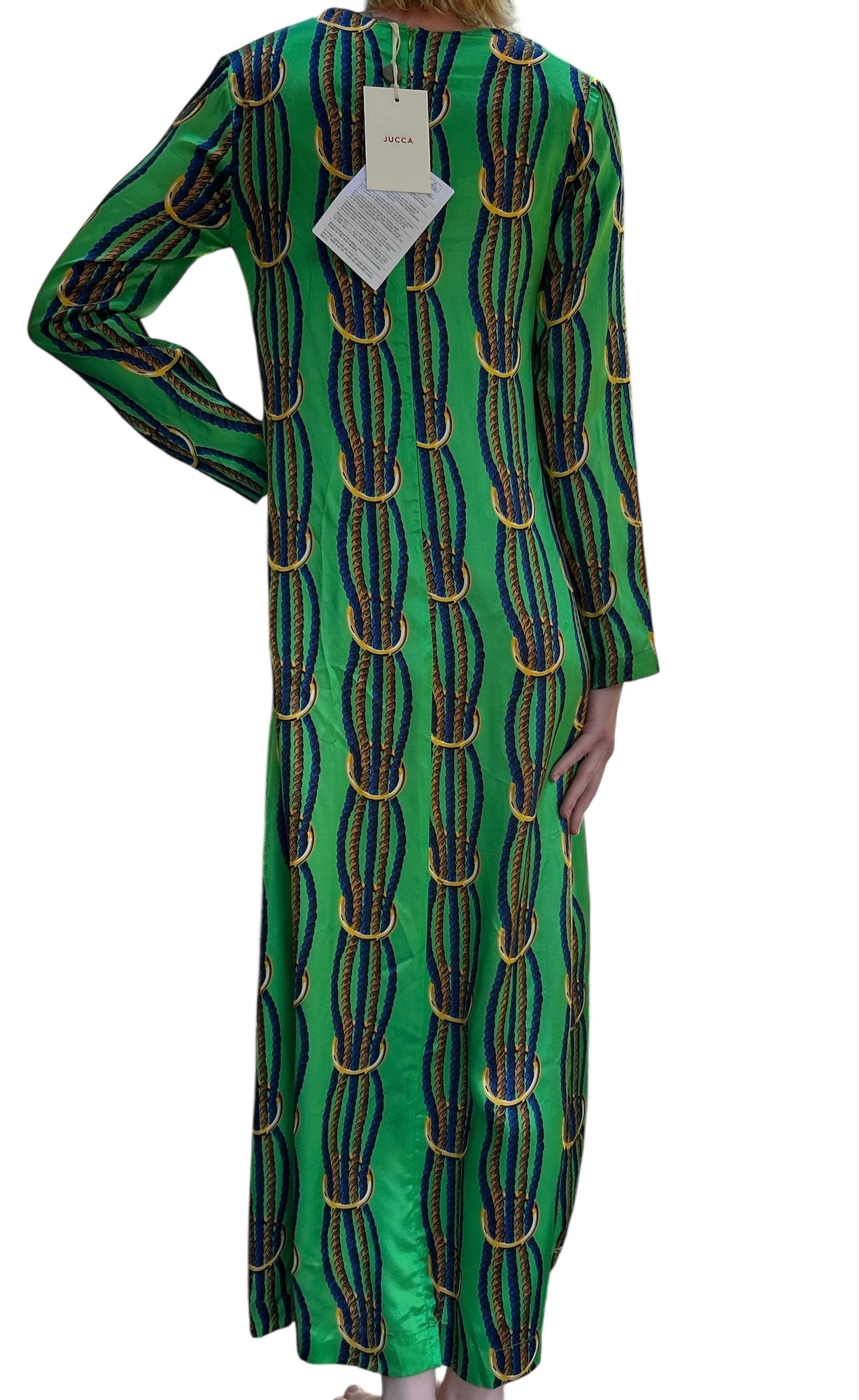 NEW WITH TAGS. JUCCA-MELINDA HAND MADE IN ITALY DRESS/SMOCK UK SIZE. SMALL, 6-8. EU34. V.NECK TWISTED NAVY & GOLD ROPE DESIGN ON LEAF GREEN SATIN MATERIAL.