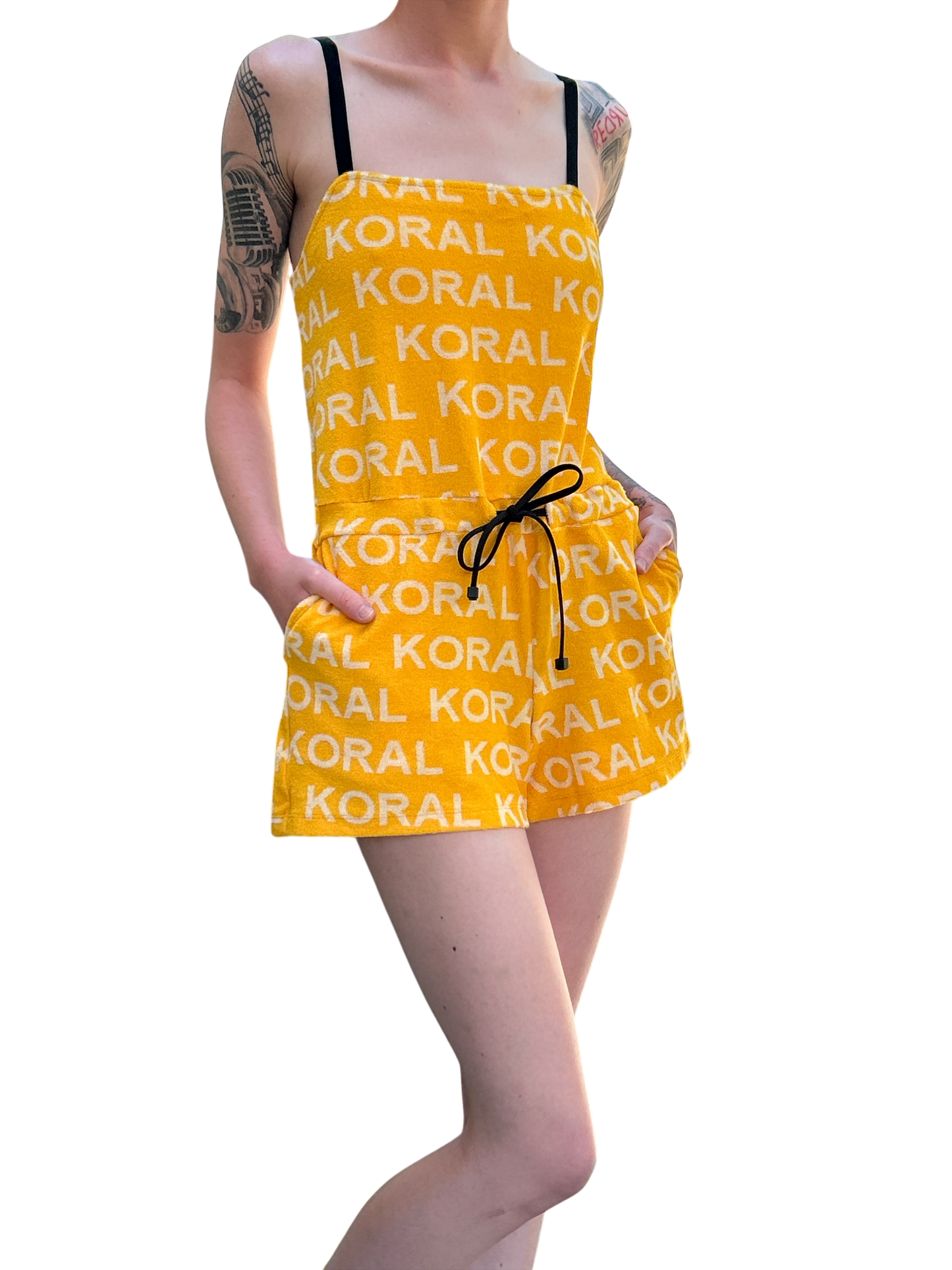 NEW WITH TAGS. KORAL TOWELLING BLACK & MANGO PLAY-SUIT UK SIZE, LARGE. X 2 HANDY POCKETS.