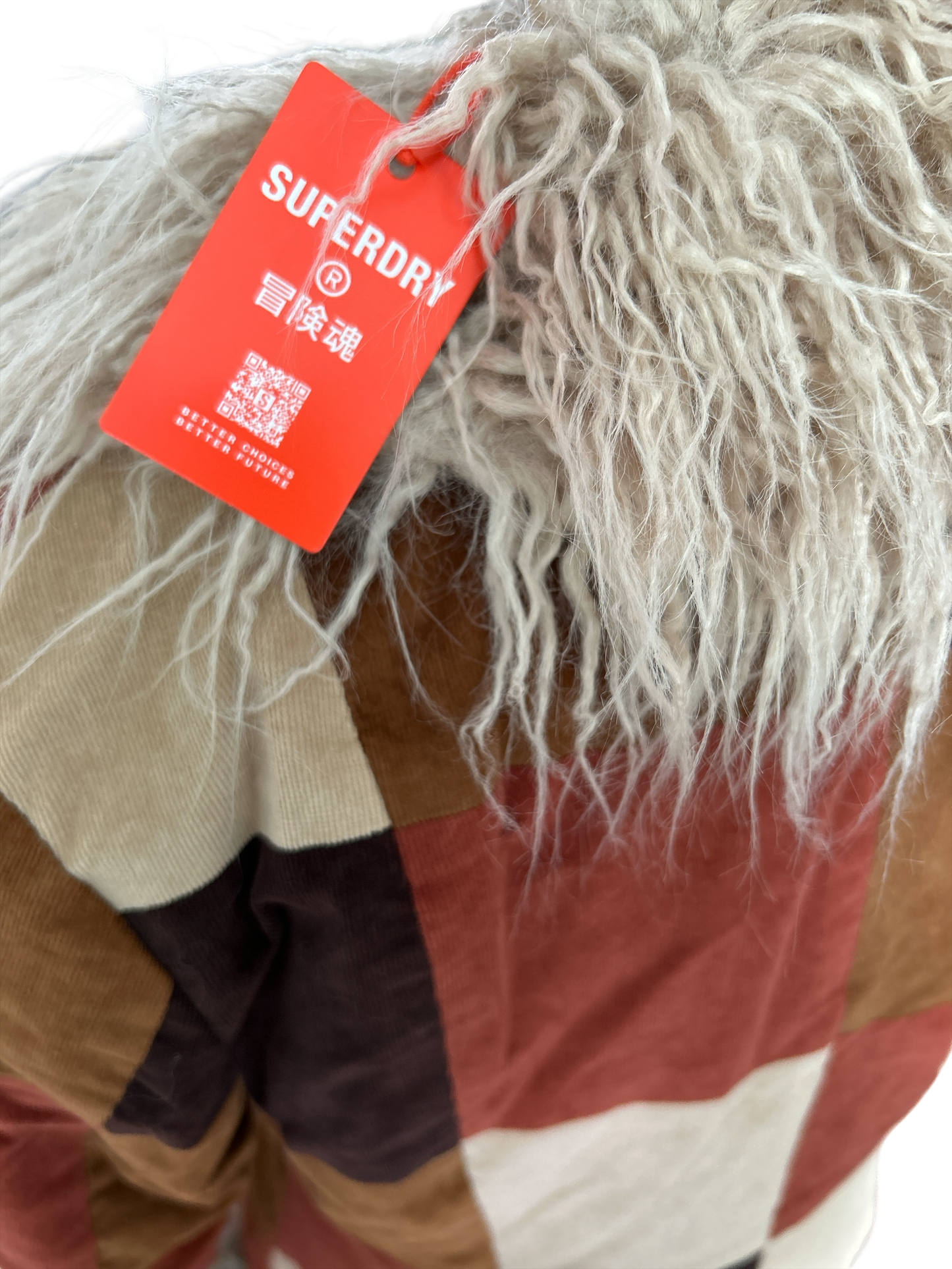NEW WITH TAGS. SUPERDRY AFGHAN BROWN PATCHWORK CORDUROY COAT, UK SIZE, LARGE-14. US 10. EU 42.