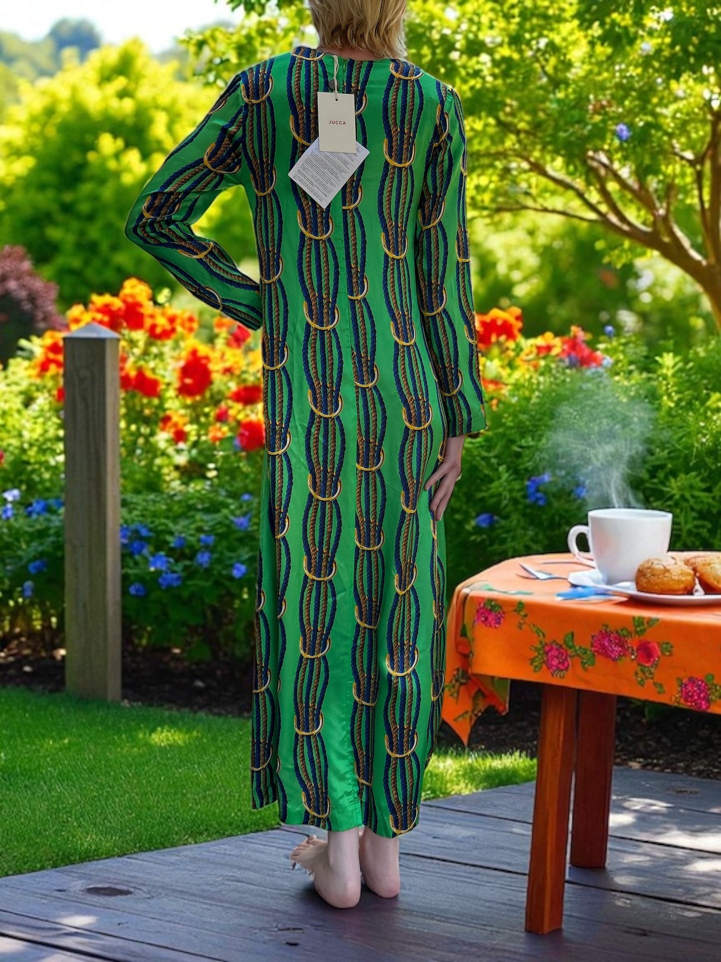NEW WITH TAGS. JUCCA-MELINDA HAND MADE IN ITALY DRESS/SMOCK UK SIZE. SMALL, 6-8. EU34. V.NECK TWISTED NAVY & GOLD ROPE DESIGN ON LEAF GREEN SATIN MATERIAL.