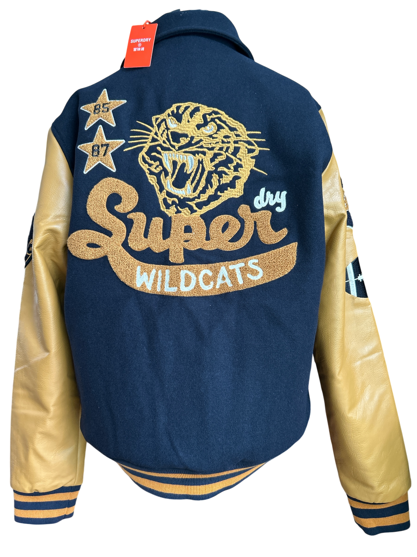 SUPERDRY WILD CATS NAVY COLLARED PATCHED BOMBER IN NAVY UK SIZE EXTRA LARGE.