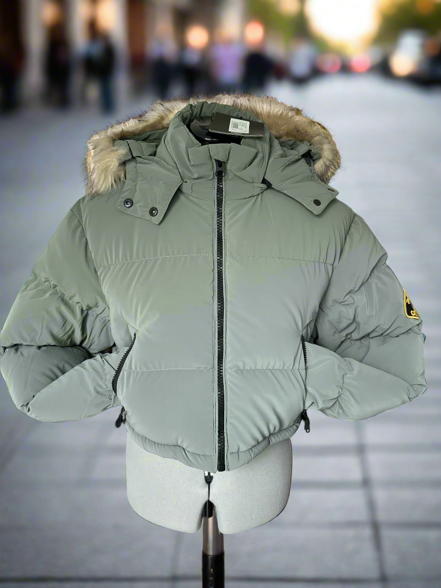 NEW & TAGGED ZAVETTI CANADA CROPPED PUFFER JACKET. UK XL. BELLUCCI 2.0 IN SAGE. WAS: £280.