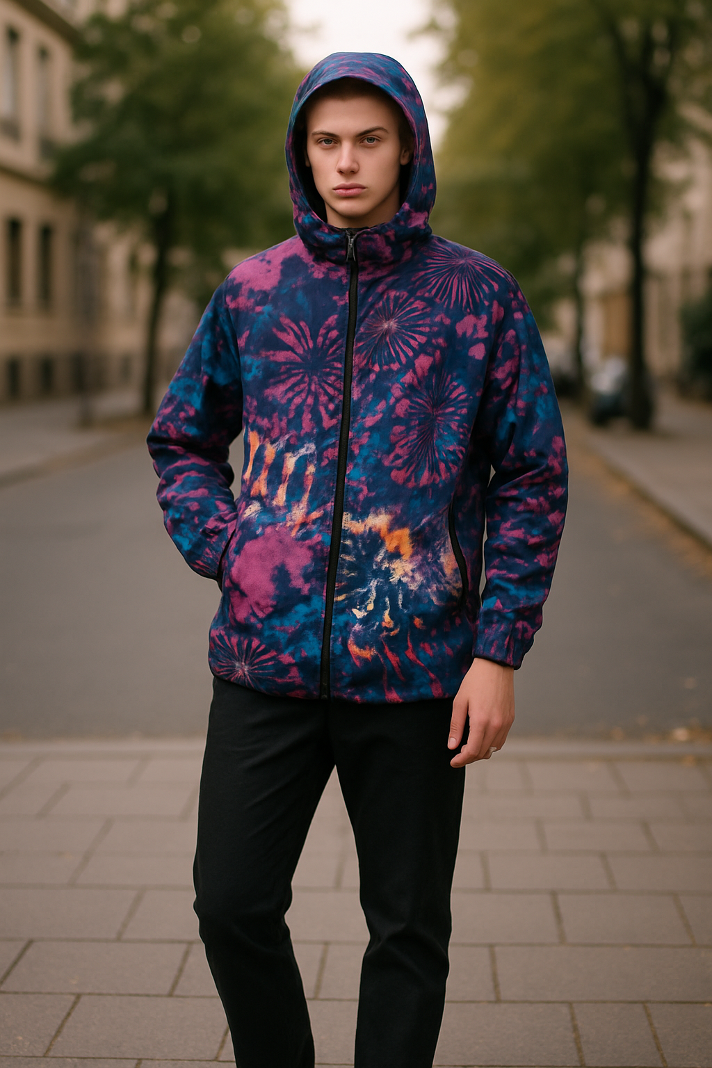NEW WITH TAGS. MENS DSQUARED2. TIE-DYE WIND JACKET UK SIZE, LARGE. ZIP CLOSURE. BLUE HUE.