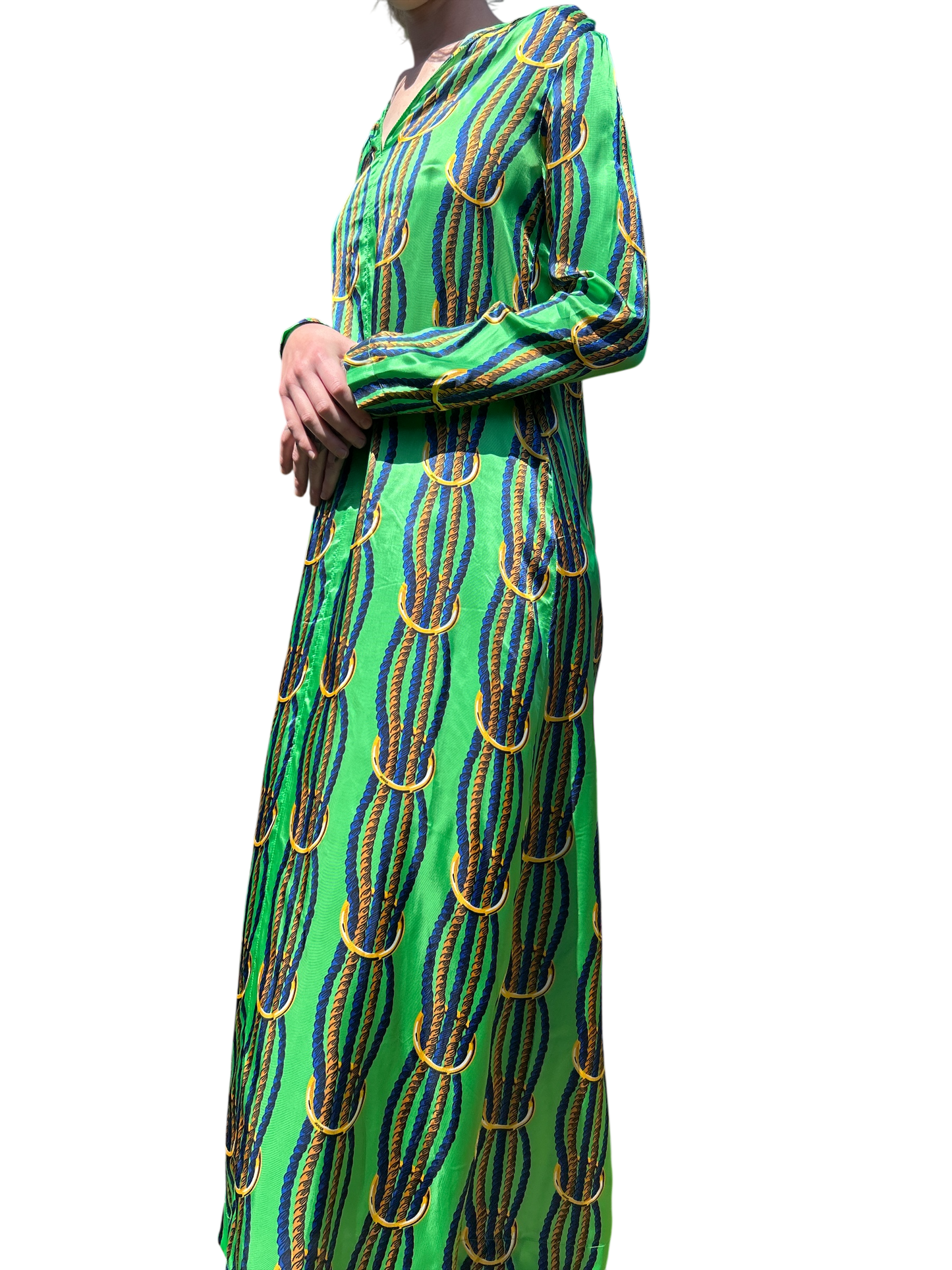 NEW WITH TAGS. JUCCA-MELINDA HAND MADE IN ITALY DRESS/SMOCK UK SIZE. SMALL, 6-8. EU34. V.NECK TWISTED NAVY & GOLD ROPE DESIGN ON LEAF GREEN SATIN MATERIAL.