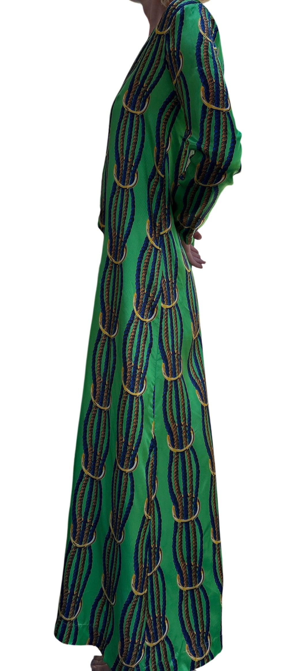 NEW WITH TAGS. JUCCA-MELINDA HAND MADE IN ITALY DRESS/SMOCK UK SIZE. SMALL, 6-8. EU34. V.NECK TWISTED NAVY & GOLD ROPE DESIGN ON LEAF GREEN SATIN MATERIAL.