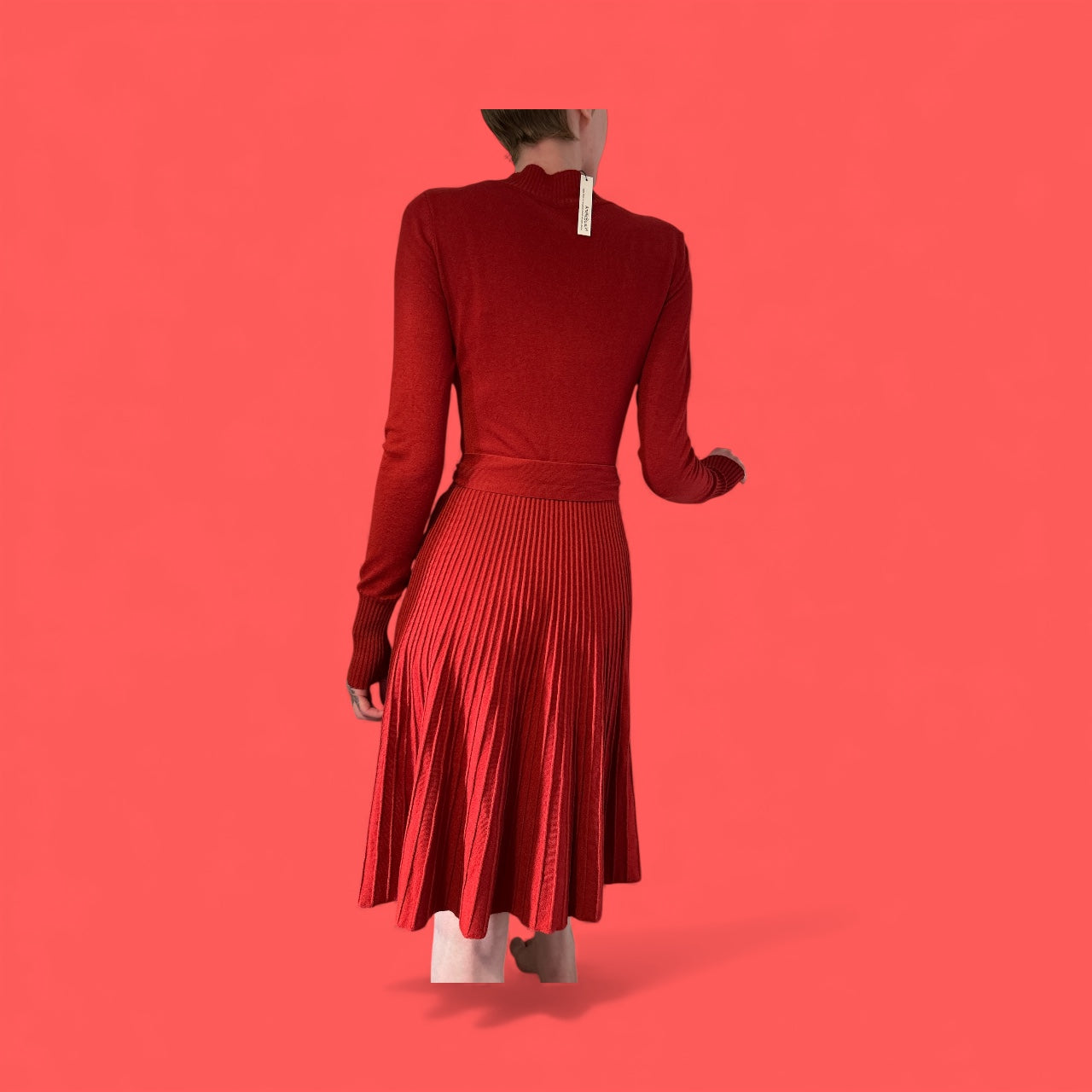 WOMENS "AmelieBoutik" RED DRESS MOCK NECK, BELTED NEW WITH TAGS IN UK SMALL