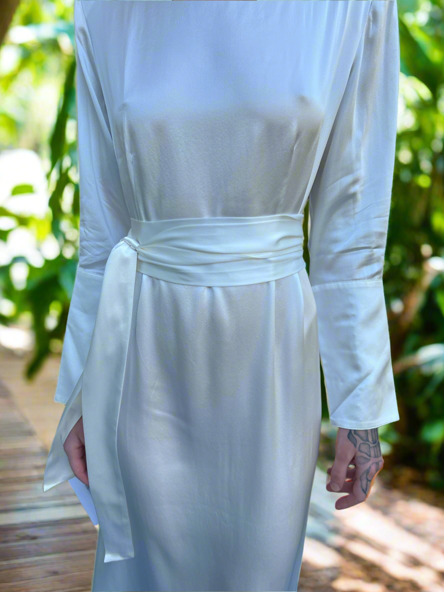 ENVELOPE 1976. TOSCANA BELTED SILK-CHARMEUSE MIDI DRESS. NEW WITH TAGS. EU 40 UK 12