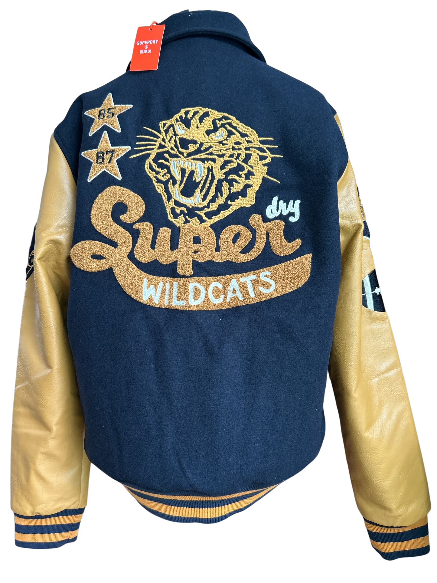 SUPERDRY WILD CATS NAVY COLLARED PATCHED BOMBER IN NAVY UK SIZE EXTRA LARGE.