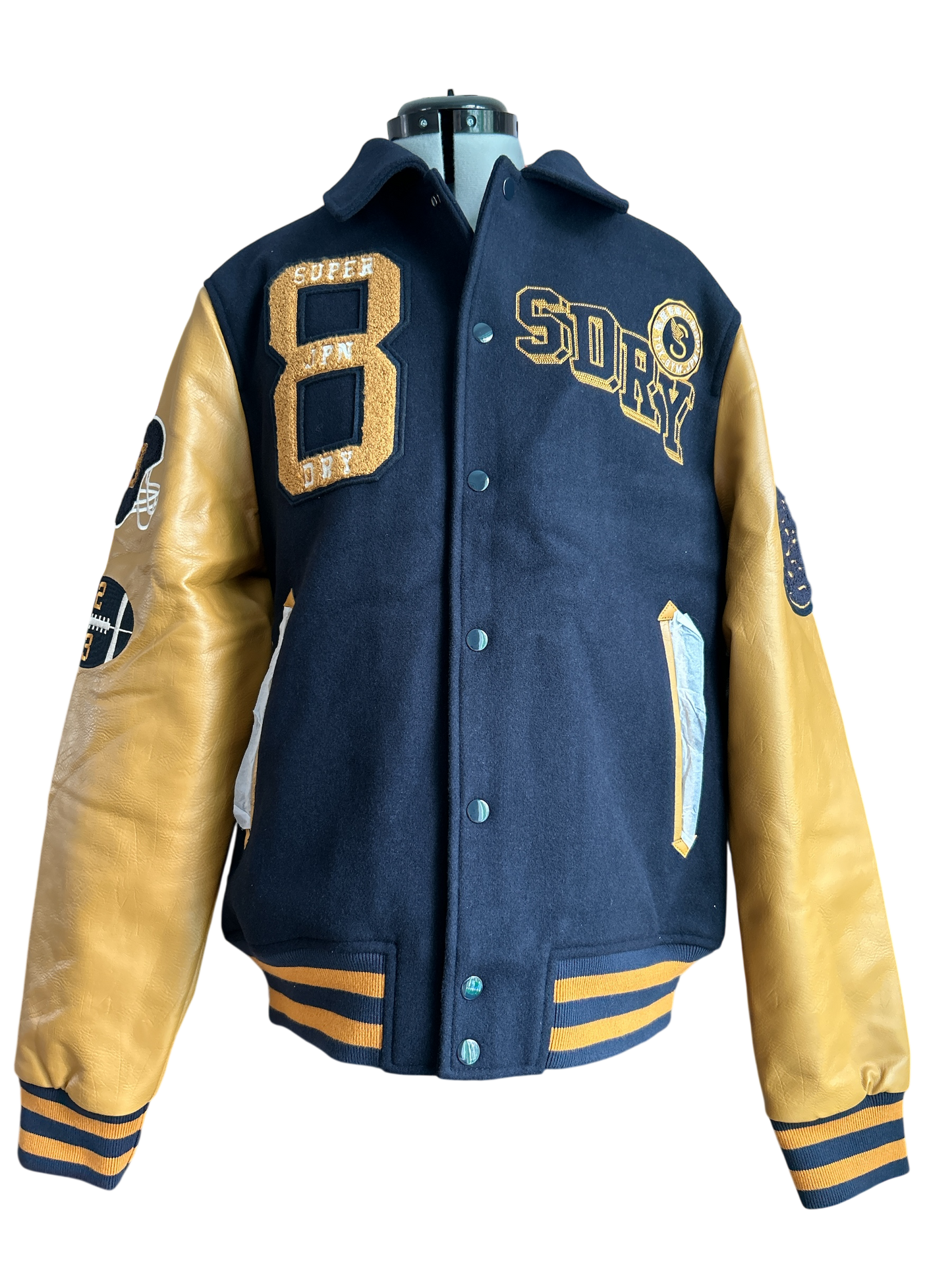 SUPERDRY WILD CATS NAVY COLLARED PATCHED BOMBER IN NAVY UK SIZE EXTRA LARGE.
