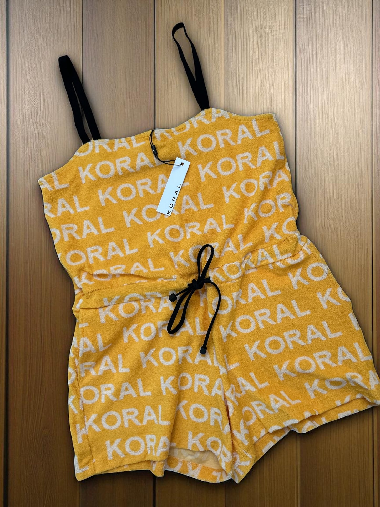 NEW WITH TAGS. KORAL TOWELLING BLACK & MANGO PLAY-SUIT UK SIZE, LARGE. X 2 HANDY POCKETS.