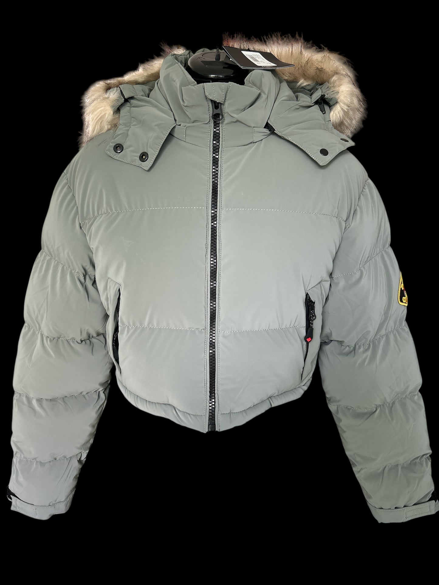 NEW & TAGGED ZAVETTI CANADA CROPPED PUFFER JACKET. UK XL. BELLUCCI 2.0 IN SAGE. WAS: £280.