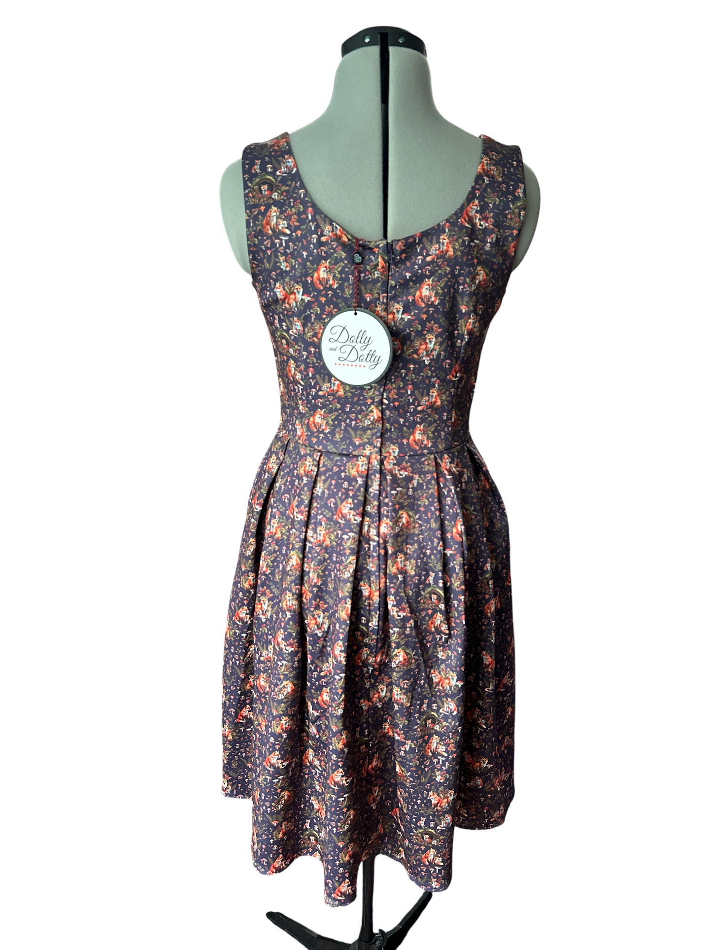 NEW AND TAGGED. Dolly & Dotty AMANDA PURPLE FOX DEN SWING DRESS, IN UK SIZE 8-10. SMALL. WITH 2 POCKETS.