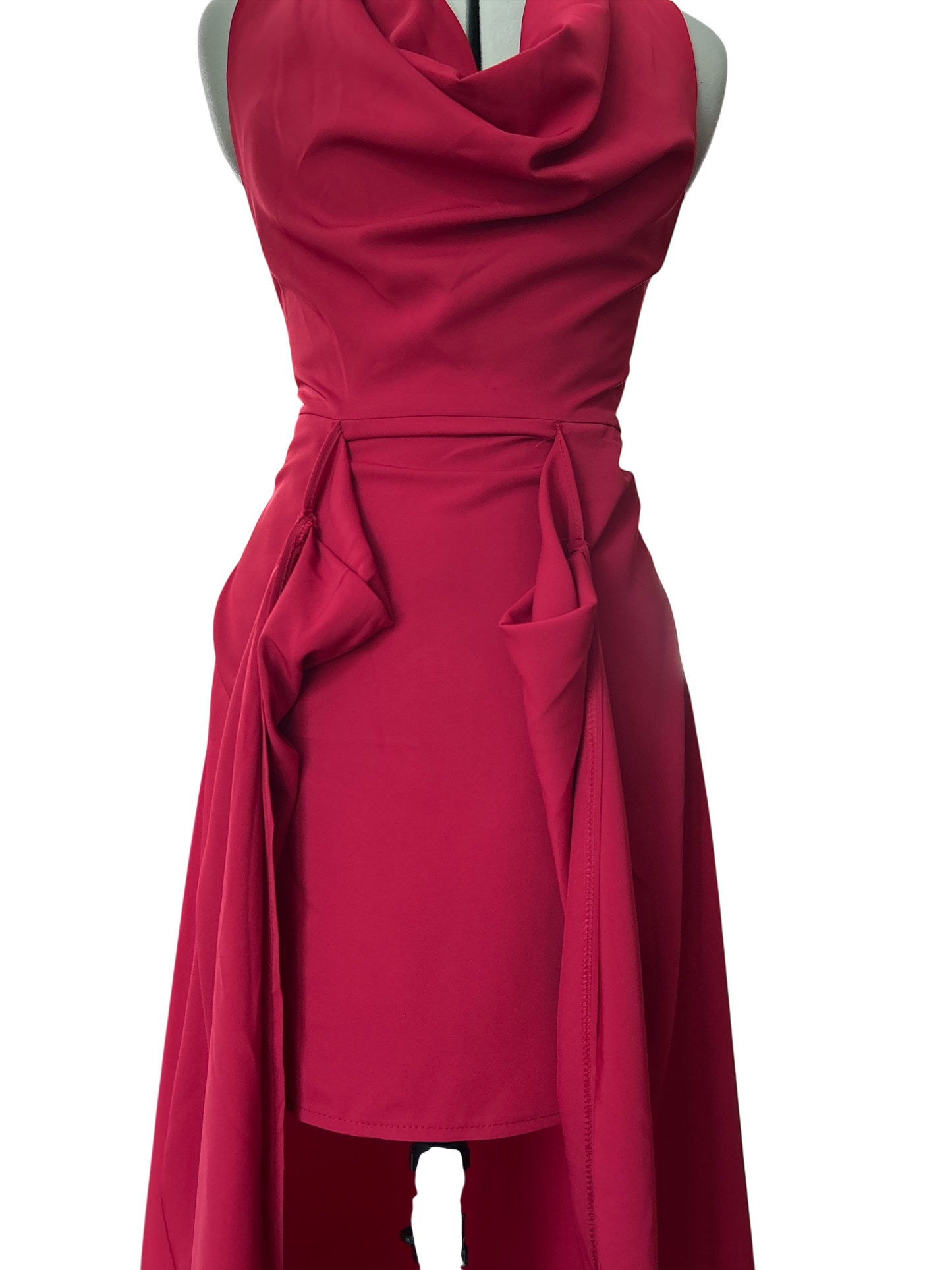 RED SPANISH DESIGN DRESS BY CAYRO, UK SIZE SMALL. UK 6 - 10. MULTI-WAY ATTACHED MINI-UNDERSKIRT. COWL NECKLINE.New without Tags.