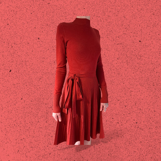 WOMENS "AmelieBoutik" RED DRESS MOCK NECK, BELTED NEW WITH TAGS IN UK SMALL