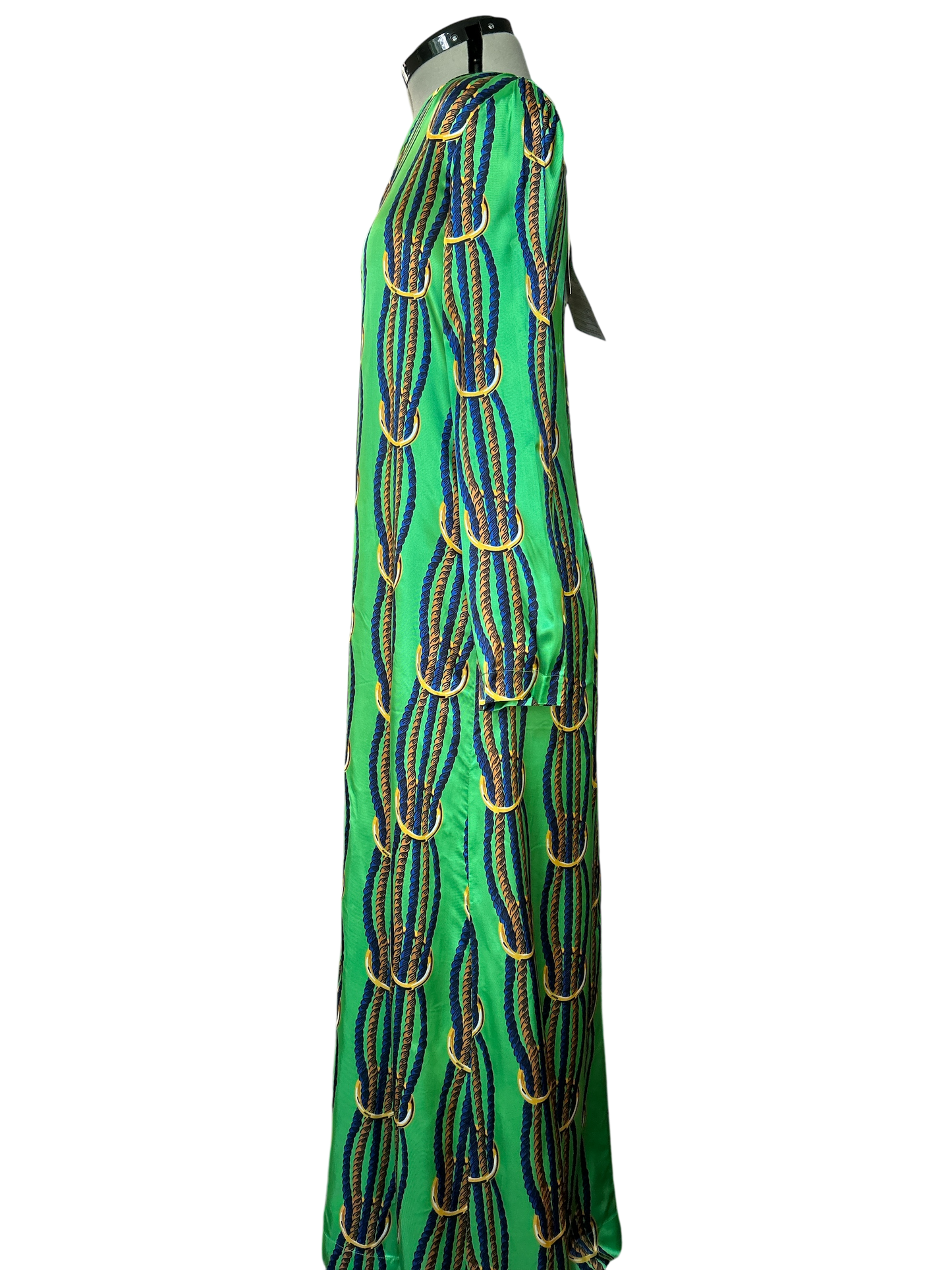 NEW WITH TAGS. JUCCA-MELINDA HAND MADE IN ITALY DRESS/SMOCK UK SIZE. SMALL, 6-8. EU34. V.NECK TWISTED NAVY & GOLD ROPE DESIGN ON LEAF GREEN SATIN MATERIAL.