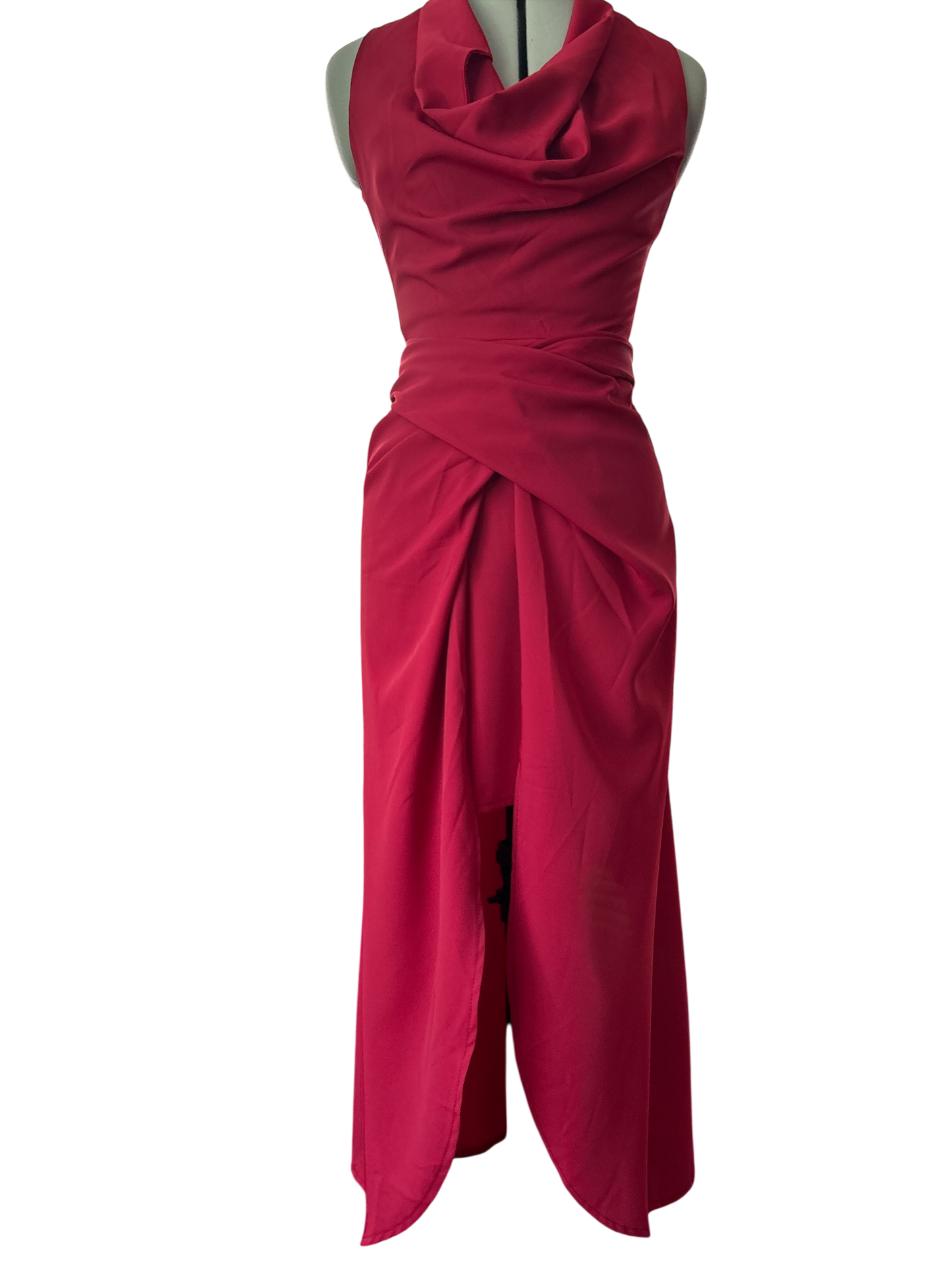 RED SPANISH DESIGN DRESS BY CAYRO, UK SIZE SMALL. UK 6 - 10. MULTI-WAY ATTACHED MINI-UNDERSKIRT. COWL NECKLINE.New without Tags.