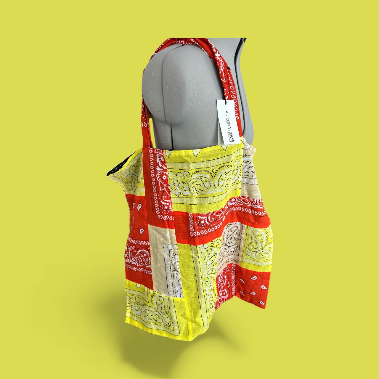 ARIZONA LOVE, HANDMADE BANDANA PATCH BAG 51 x 51cm NEW & TAGGED YELLOW & RED. SOLD IN HARRODS LONDON.