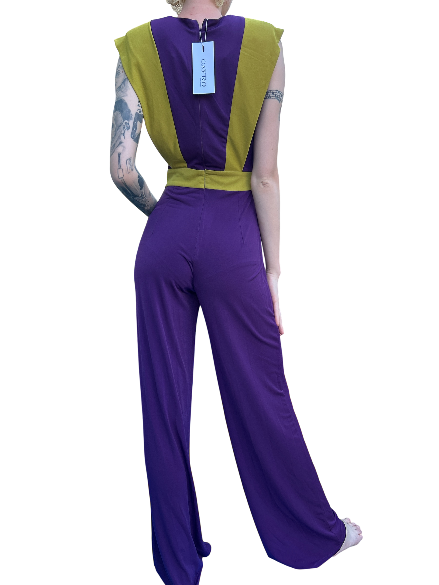 SPANISH DESIGNER CAYRO NEW AND TAGGED PANTSUIT IN VOILET WITH LIME INTERCHANGEABLE COLOURED SCARF. UK SIZE EXTRA SMALL.