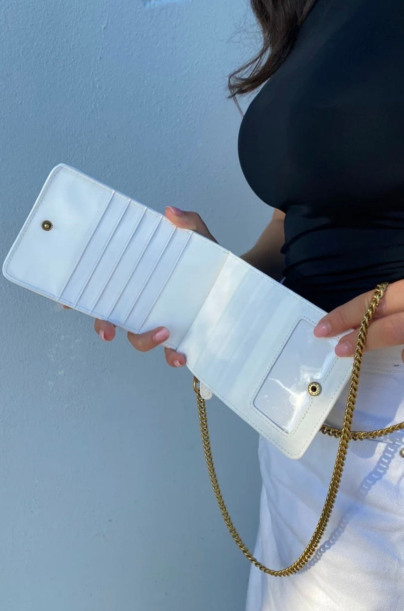 VERSACE JEANS COUTURE LEATHER MOBILE PHONE, WALLET, CRETIT CARD CASE. WITH LONG CHUNKY CHAIN. AUTHENTICITY GUARANTEED.