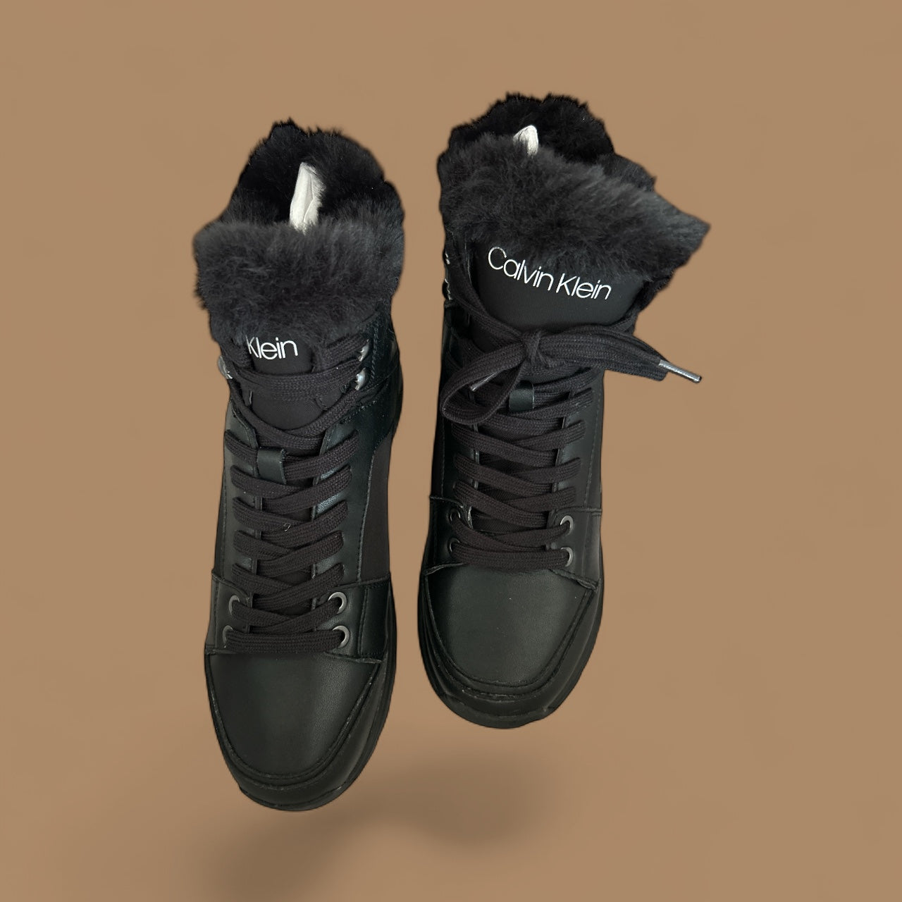 CALVIN KLEIN FAUX FUR BOOTS SIZE EU 40. UK 6. US: 9.5. HIGH TOP LACE UP. LEATHER AND MANMADE UPPER.BLACK LACE UP.