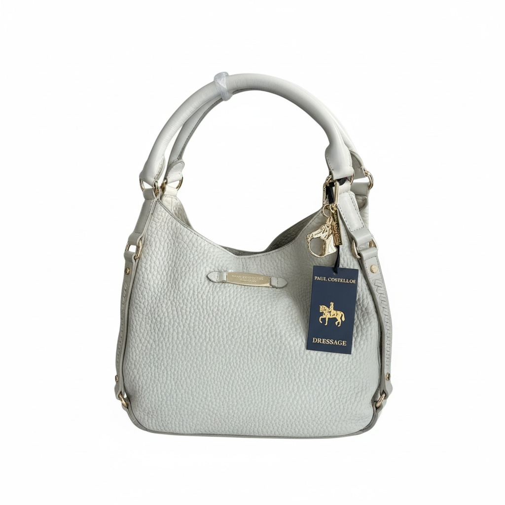 PAUL COSTELLO DRESSAGE, WAVE DETAIL, LARGE SLOUCHY HAND OR SHOULDER, CREAM LEATHER BAG WITH DETACHABLE CHARM. STUNNING LINING.
