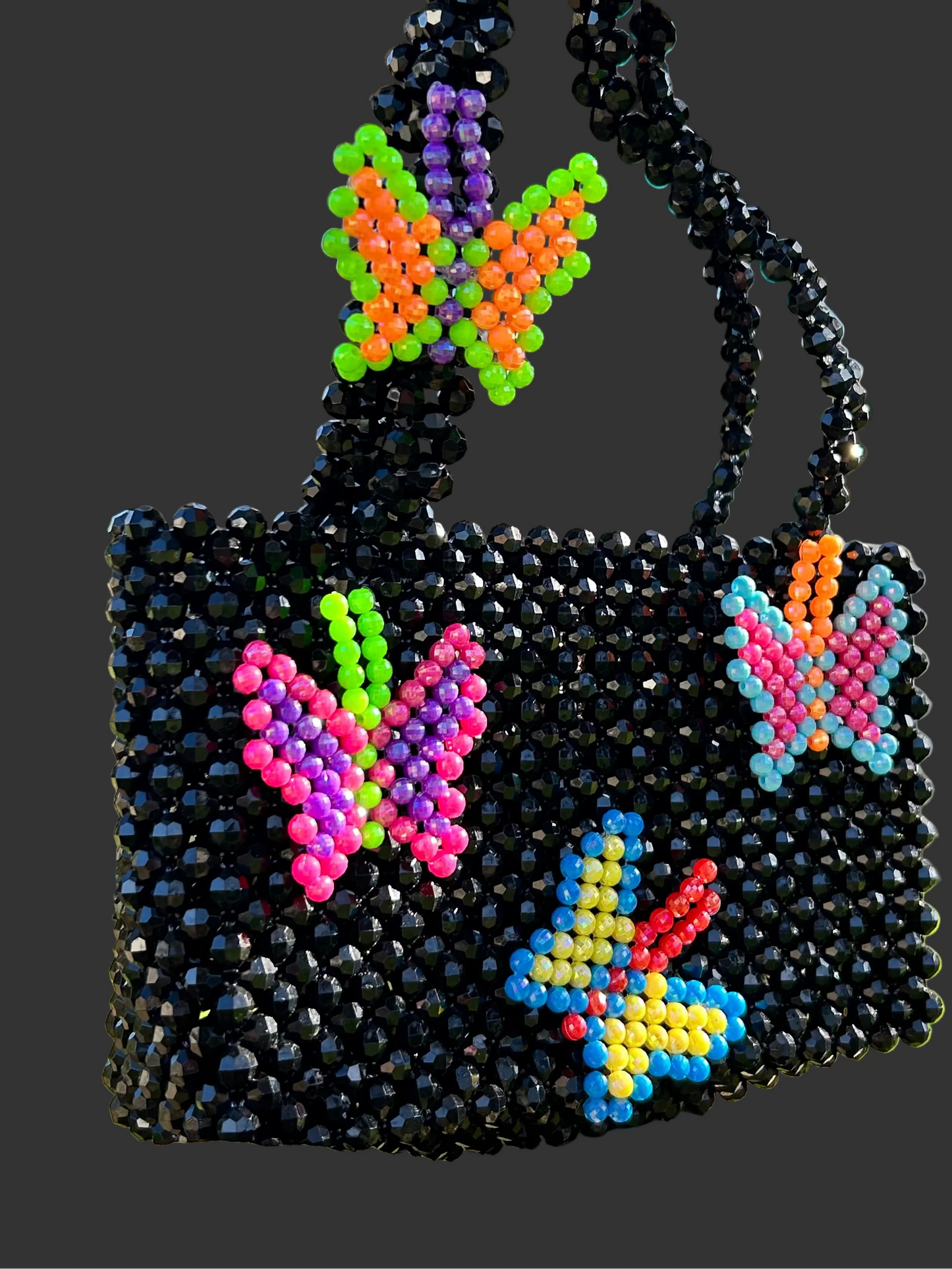 WOMANS HAND MADE DESIGNER BLACK BEADED BAG WITH BUTTERFLYS DESIGNER: SUSAN ALEXANDRA
