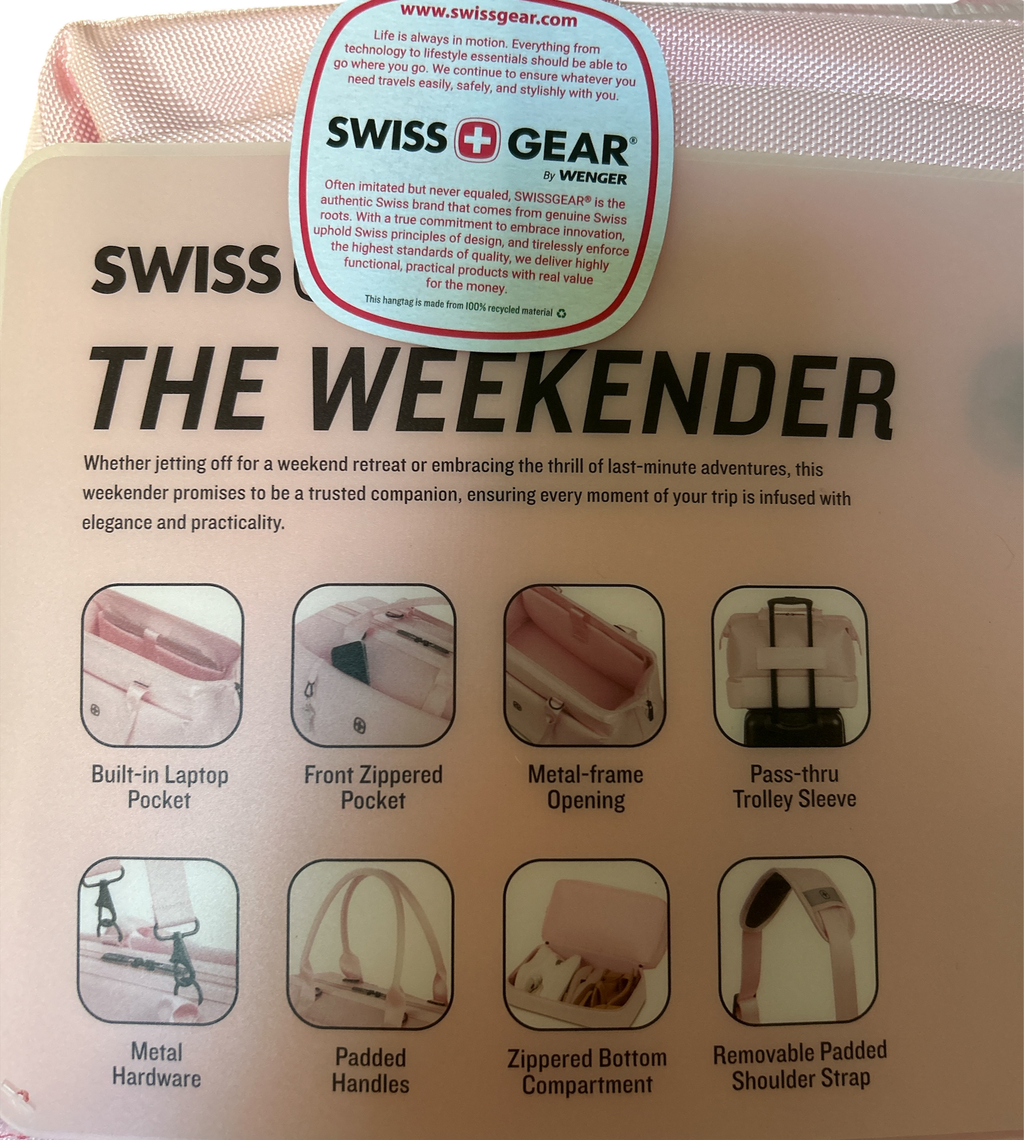 THE WEEKENDER TRAVEL TOTE BAG IN BLUSH (PINK) by SWISSGEAR. NEW WITH TAGS.
