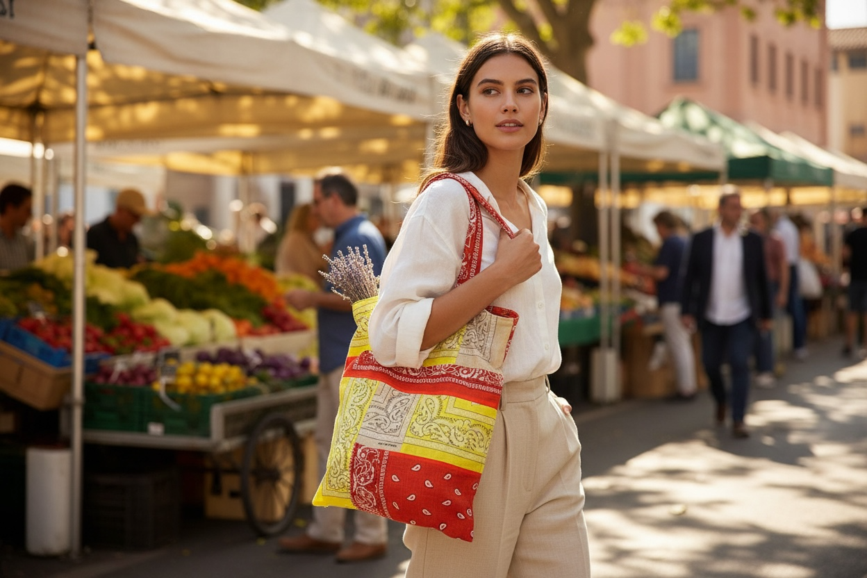 ARIZONA LOVE, HANDMADE BANDANA PATCH BAG 51 x 51cm NEW & TAGGED YELLOW & RED. SOLD IN HARRODS LONDON.