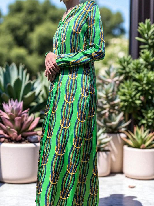 NEW WITH TAGS. JUCCA-MELINDA HAND MADE IN ITALY DRESS/SMOCK UK SIZE. SMALL, 6-8. EU34. V.NECK TWISTED NAVY & GOLD ROPE DESIGN ON LEAF GREEN SATIN MATERIAL.