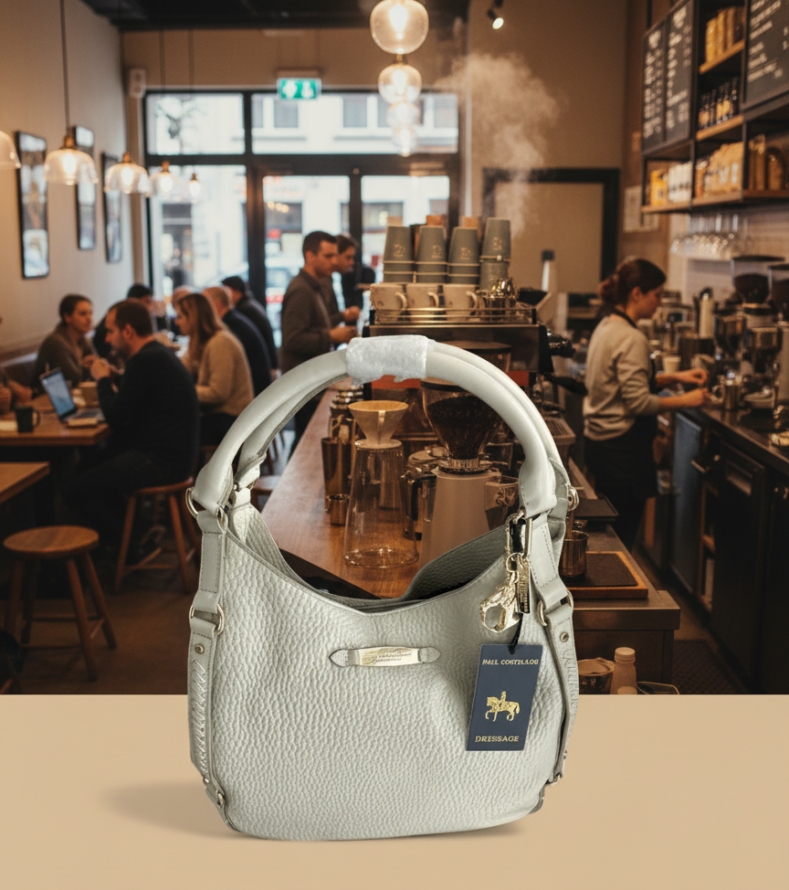 PAUL COSTELLO DRESSAGE, WAVE DETAIL, LARGE SLOUCHY HAND OR SHOULDER, CREAM LEATHER BAG WITH DETACHABLE CHARM. STUNNING LINING.