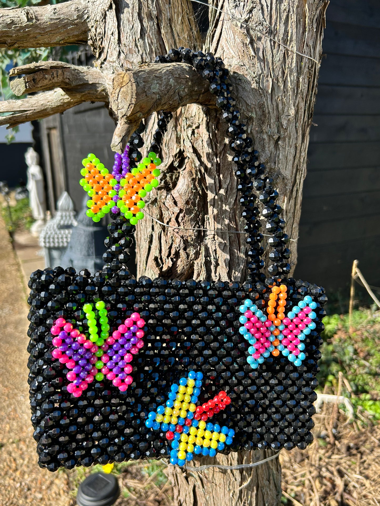 WOMANS HAND MADE DESIGNER BLACK BEADED BAG WITH BUTTERFLYS DESIGNER: SUSAN ALEXANDRA