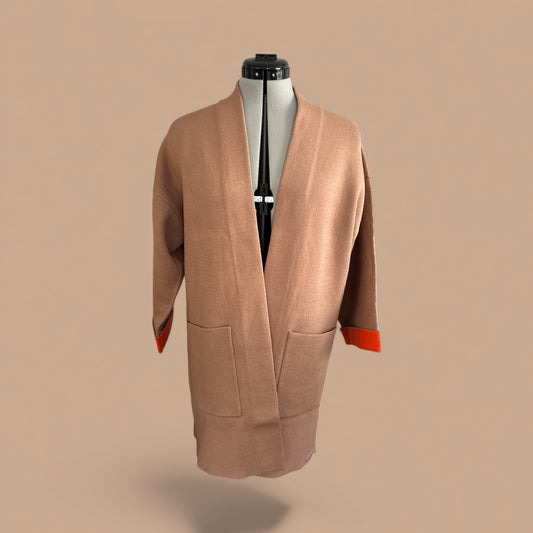 NEW WITH TAGS, RINO & PELLE “ANGEL” EDGE TO EDGE CARDIGAN IN LIGHT BROWN & ORANGE SIZE UK 14 EU 42. RRP: €120