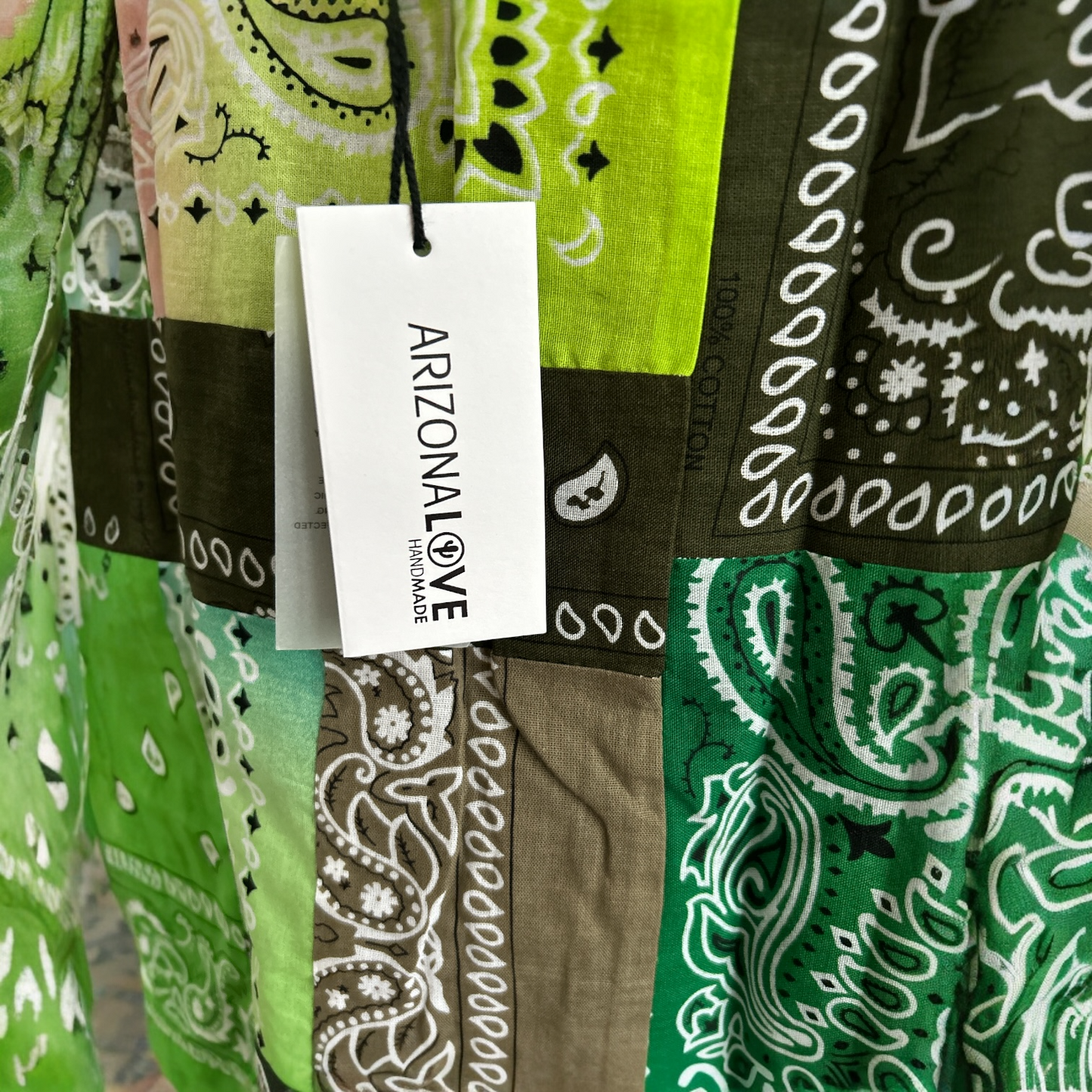 ARIZONA LOVE, HANDMADE BANDANA PATCH BAG 51 x 51cm NEW & TAGGED COLOUR IN VARING GREENS. SOLD IN HARRODS LONDON