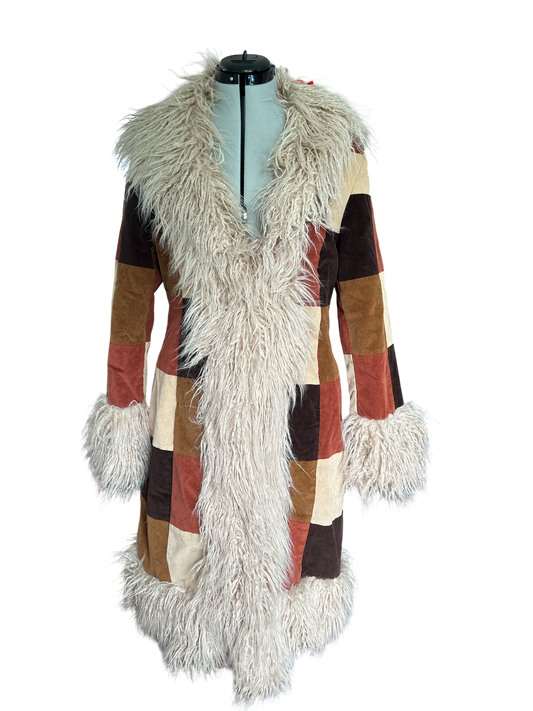 NEW WITH TAGS. SUPERDRY AFGHAN BROWN PATCHWORK CORDUROY COAT, UK SIZE, LARGE-14. US 10. EU 42.