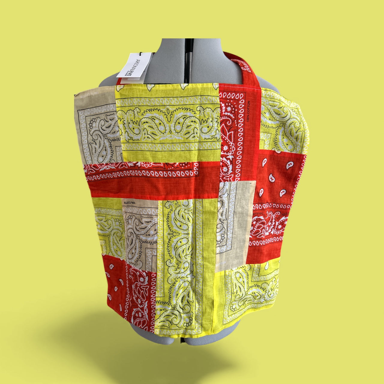 ARIZONA LOVE, HANDMADE BANDANA PATCH BAG 51 x 51cm NEW & TAGGED YELLOW & RED. SOLD IN HARRODS LONDON.