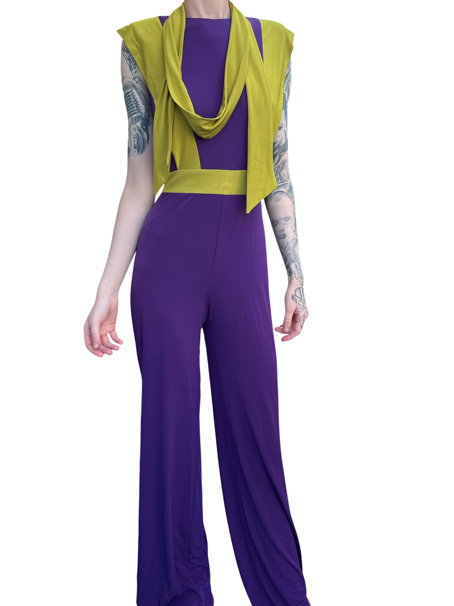 SPANISH DESIGNER CAYRO NEW AND TAGGED PANTSUIT IN VOILET WITH LIME INTERCHANGEABLE COLOURED SCARF. UK SIZE EXTRA SMALL.