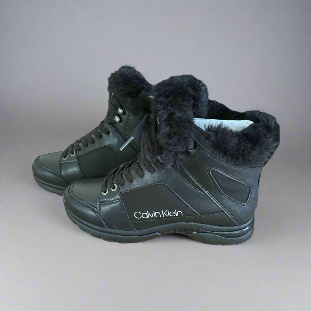 CALVIN KLEIN FAUX FUR BOOTS SIZE EU 40. UK 6. US: 9.5. HIGH TOP LACE UP. LEATHER AND MANMADE UPPER.BLACK LACE UP.