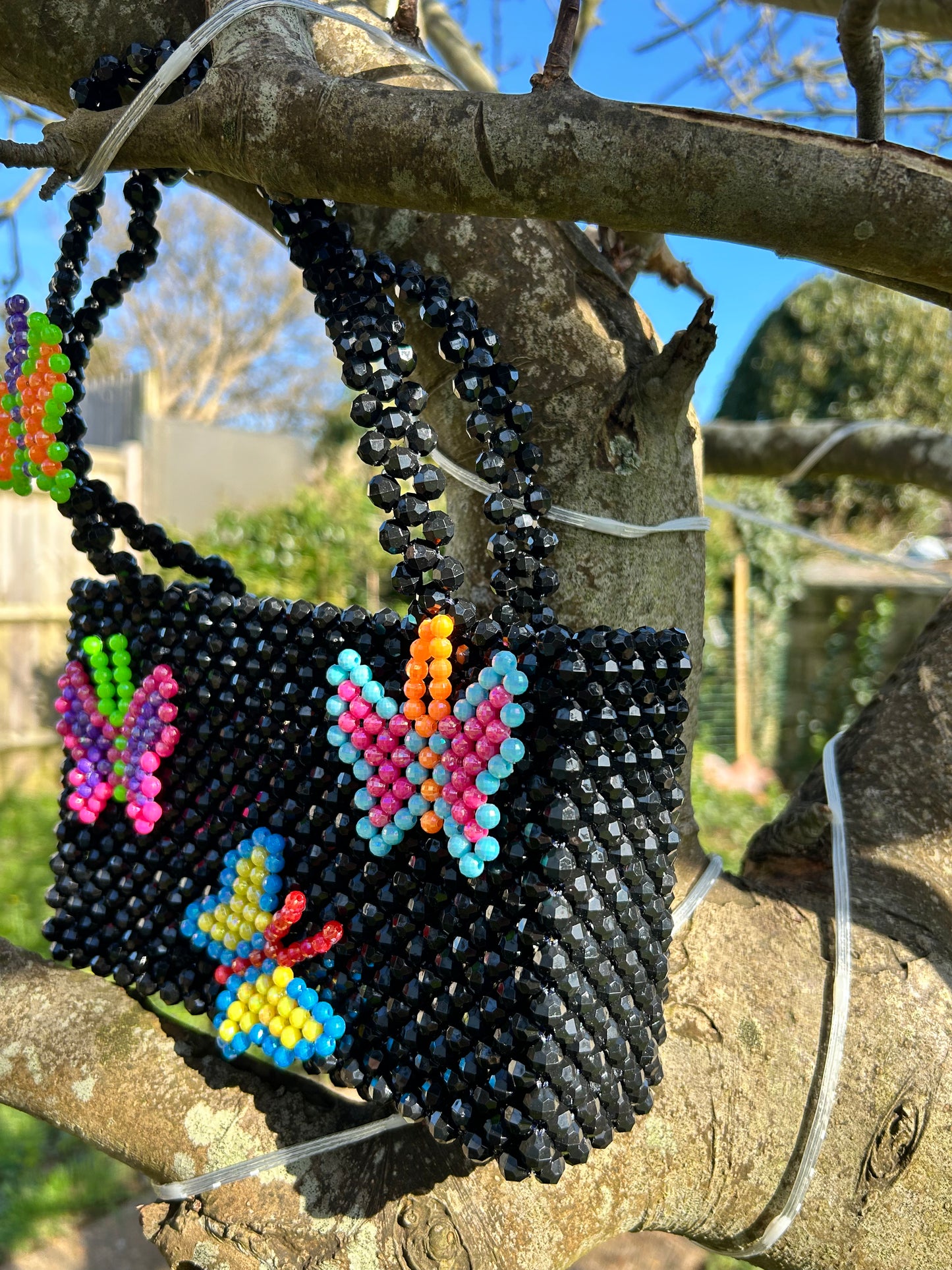 WOMANS HAND MADE DESIGNER BLACK BEADED BAG WITH BUTTERFLYS DESIGNER: SUSAN ALEXANDRA