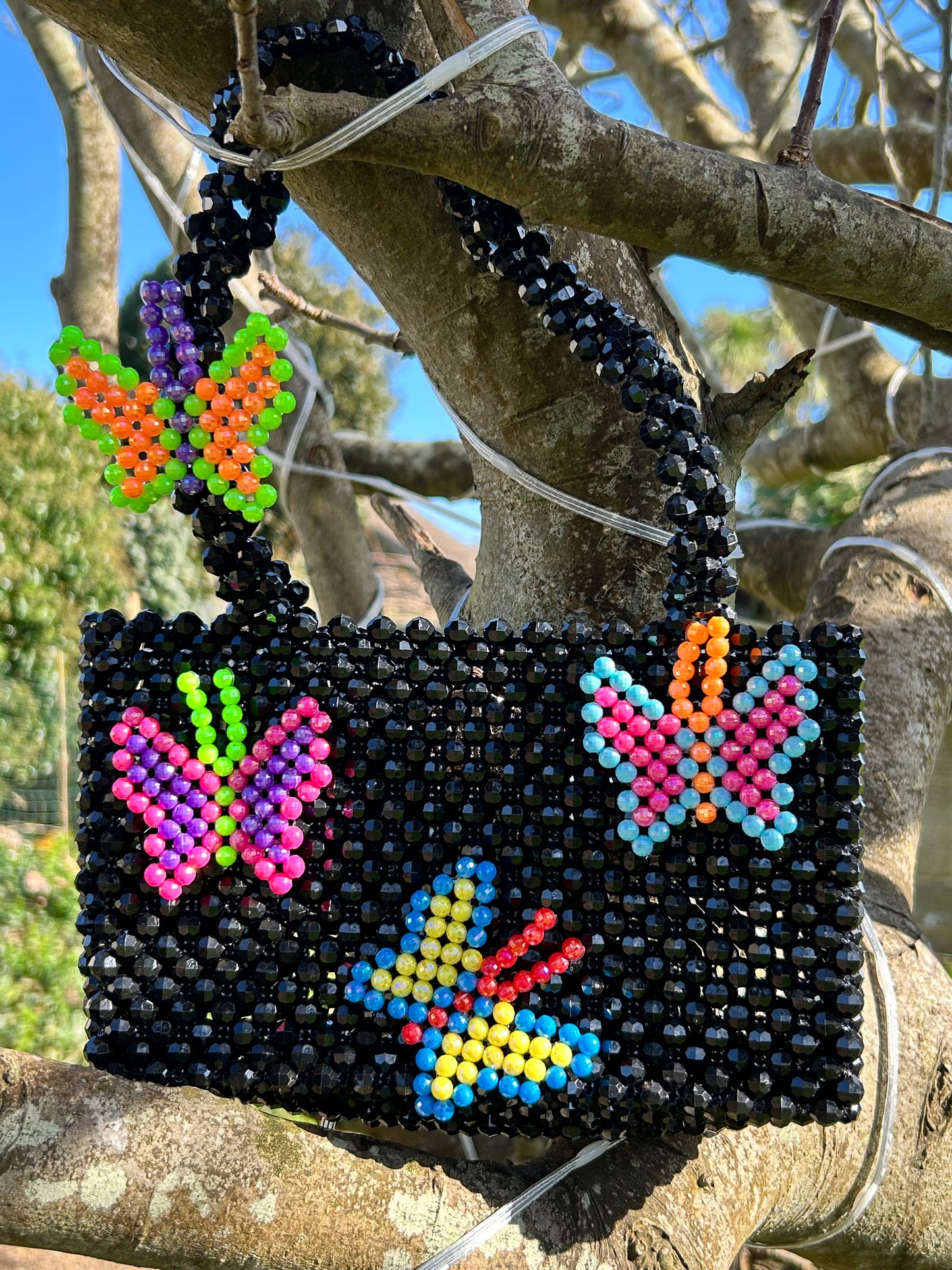 WOMANS HAND MADE DESIGNER BLACK BEADED BAG WITH BUTTERFLYS DESIGNER: SUSAN ALEXANDRA