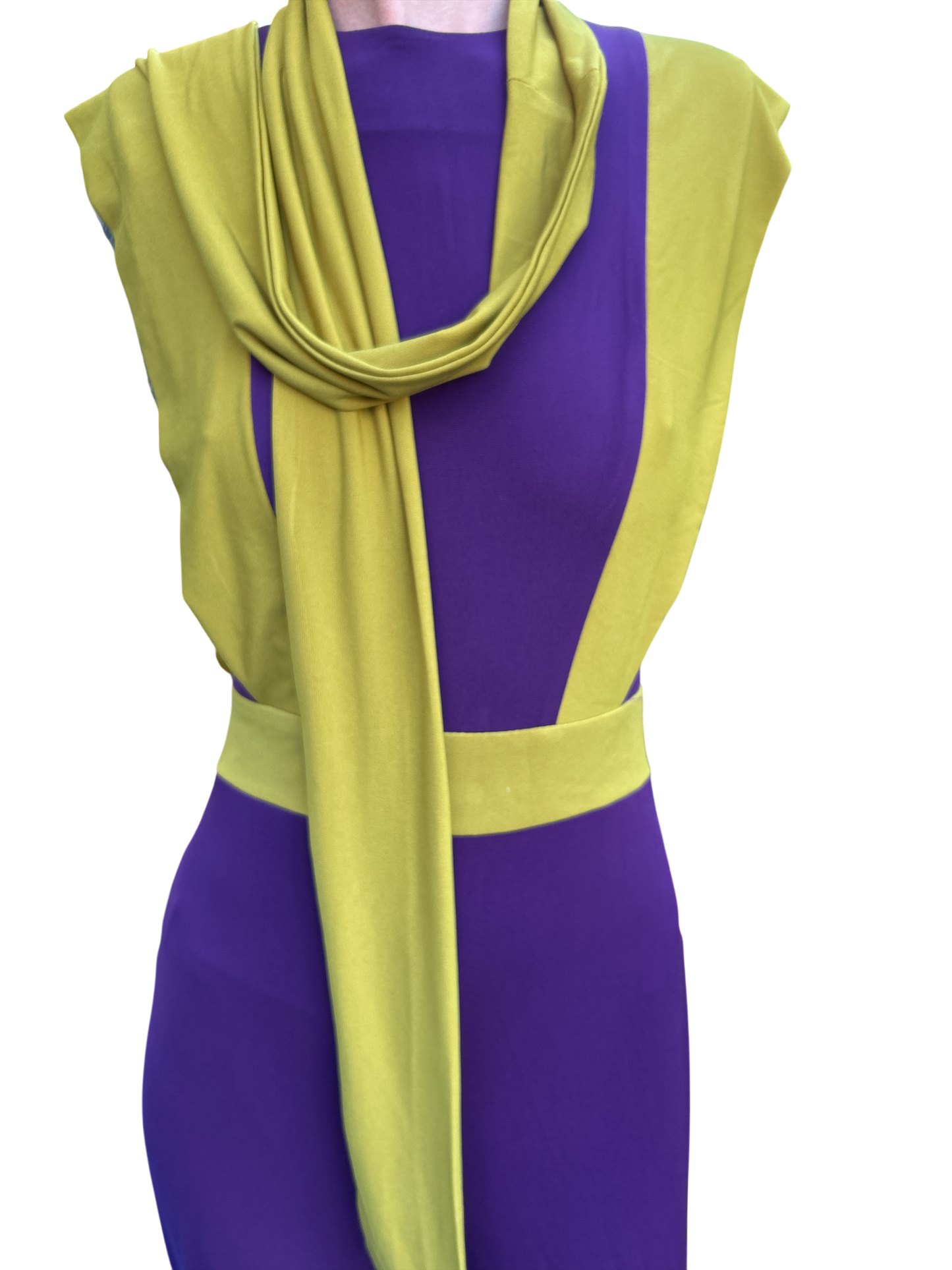 SPANISH DESIGNER CAYRO NEW AND TAGGED PANTSUIT IN VOILET WITH LIME INTERCHANGEABLE COLOURED SCARF. UK SIZE EXTRA SMALL.