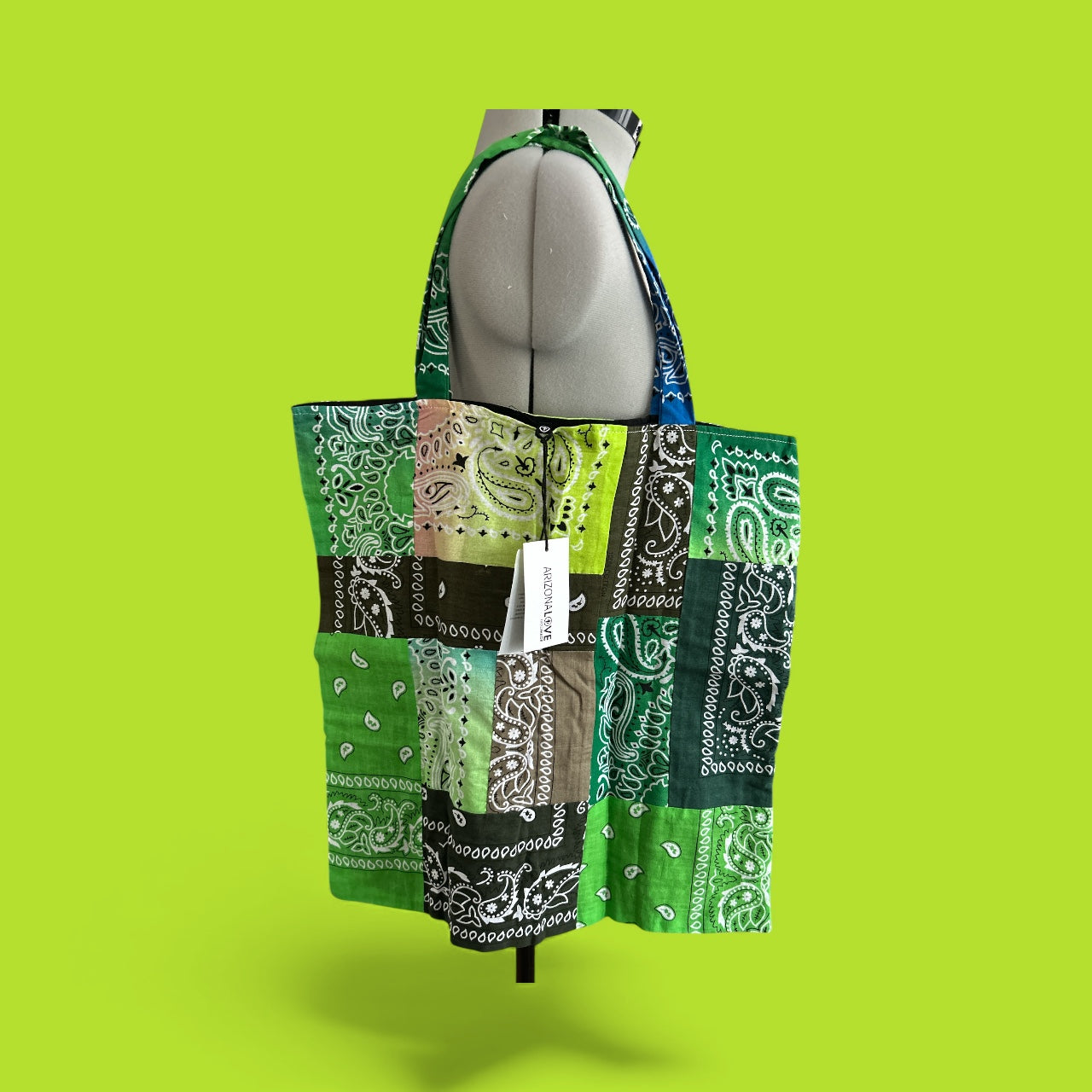 ARIZONA LOVE, HANDMADE BANDANA PATCH BAG 51 x 51cm NEW & TAGGED COLOUR IN VARING GREENS. SOLD IN HARRODS LONDON