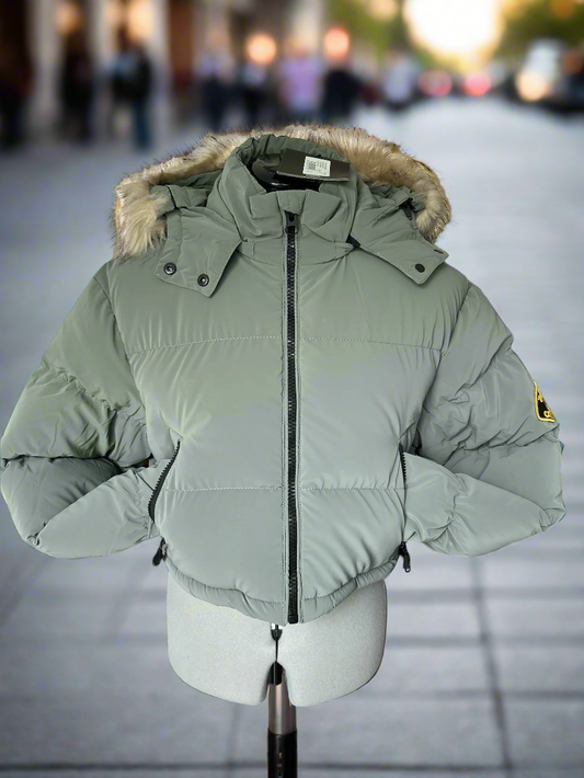 NEW & TAGGED ZAVETTI CANADA CROPPED PUFFER JACKET. UK XL. BELLUCCI 2.0 IN SAGE. WAS: £280.