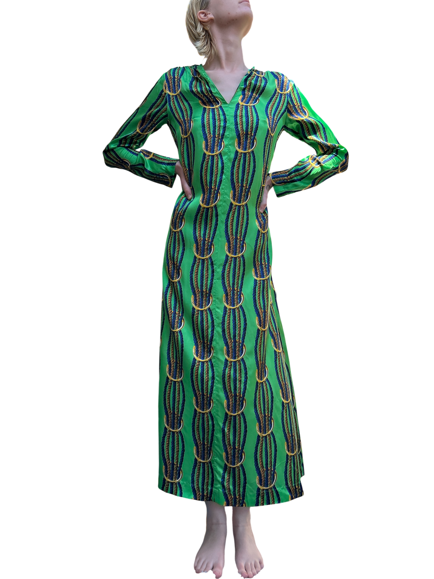 NEW WITH TAGS. JUCCA-MELINDA HAND MADE IN ITALY DRESS/SMOCK UK SIZE. SMALL, 6-8. EU34. V.NECK TWISTED NAVY & GOLD ROPE DESIGN ON LEAF GREEN SATIN MATERIAL.